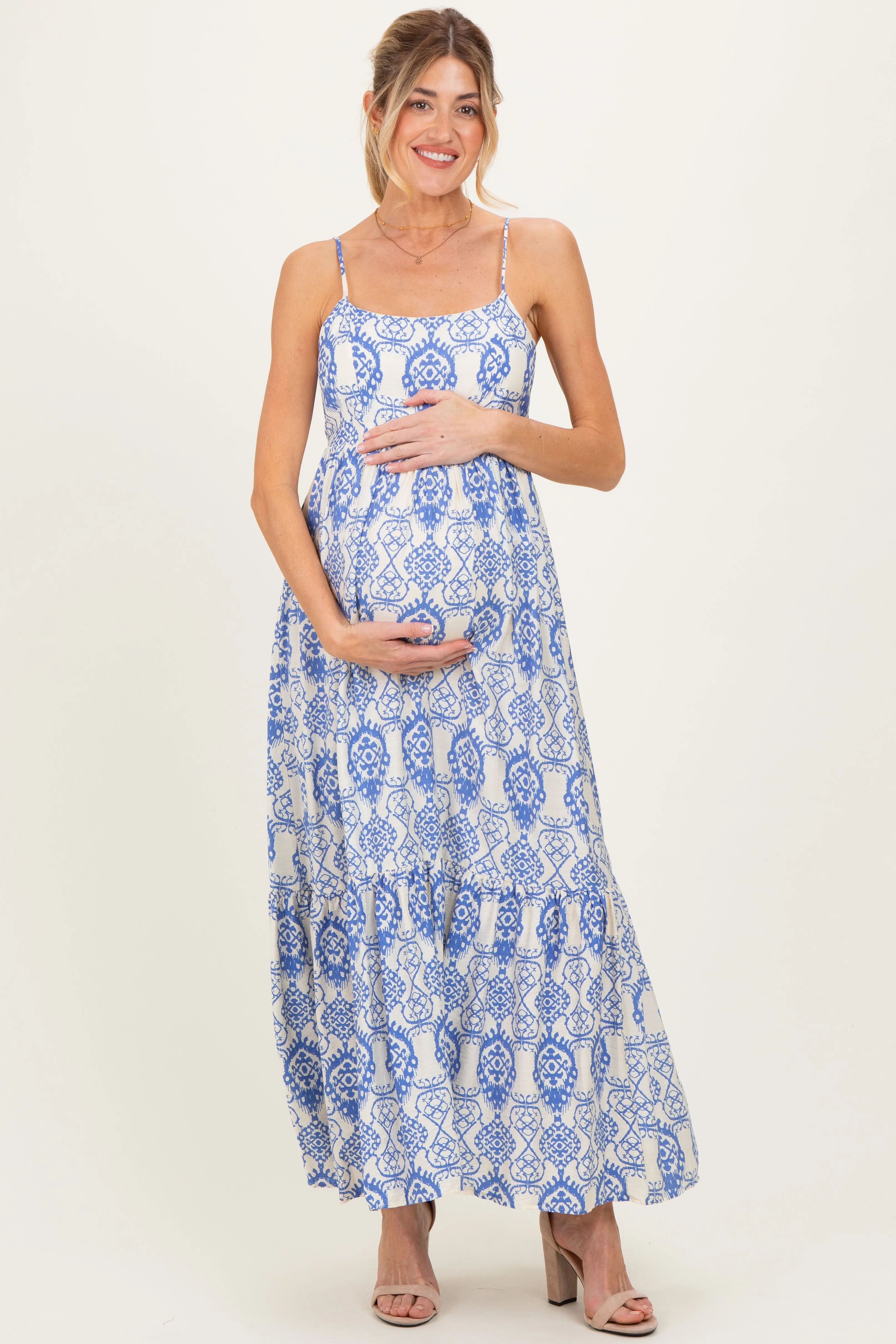 Blue Printed Cutout Tie Back Maternity Maxi Dress sold by Pinkblush