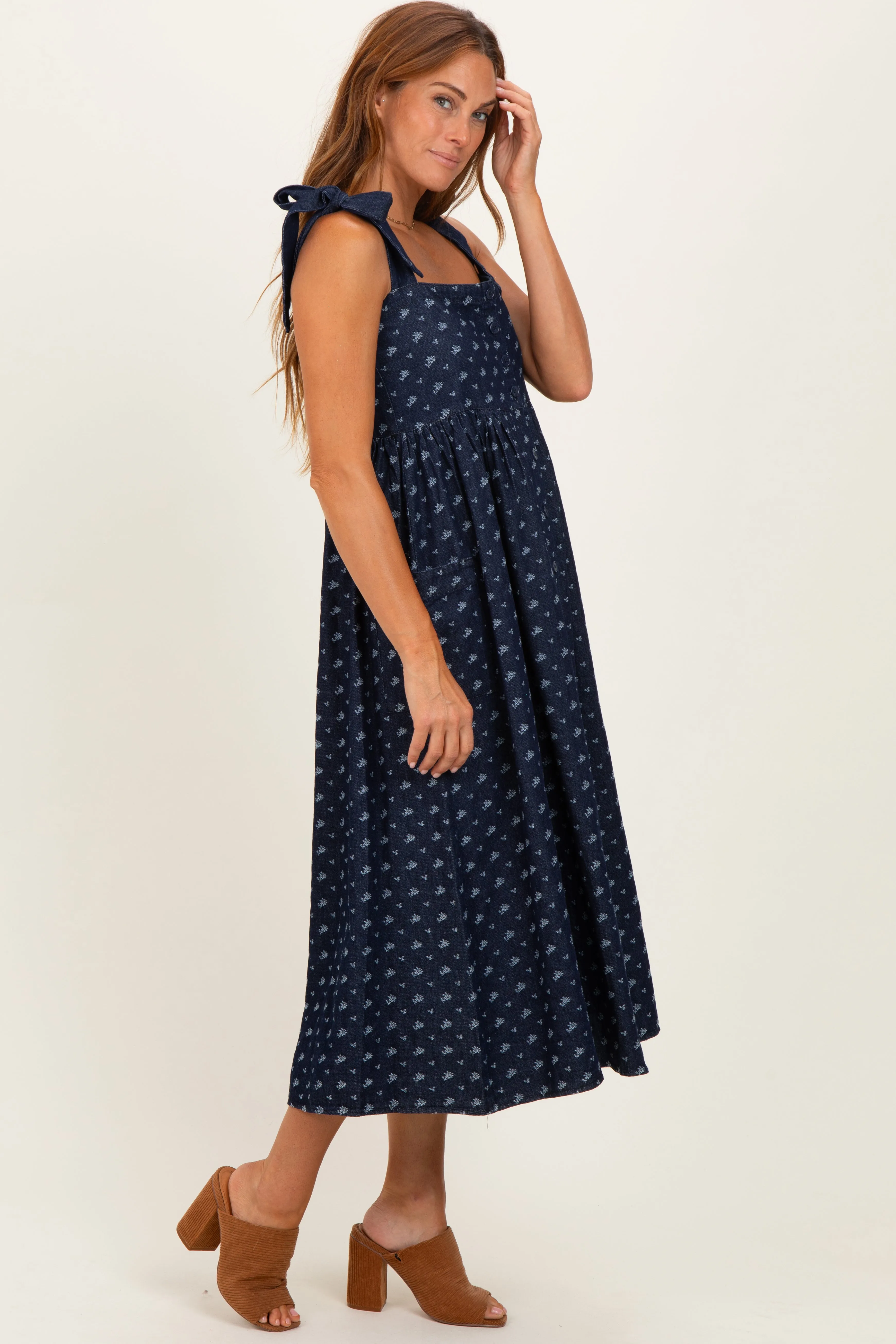 Navy Floral Button Down Shoulder Tie Midi Dress sold by Pinkblush product image thumbnail 3