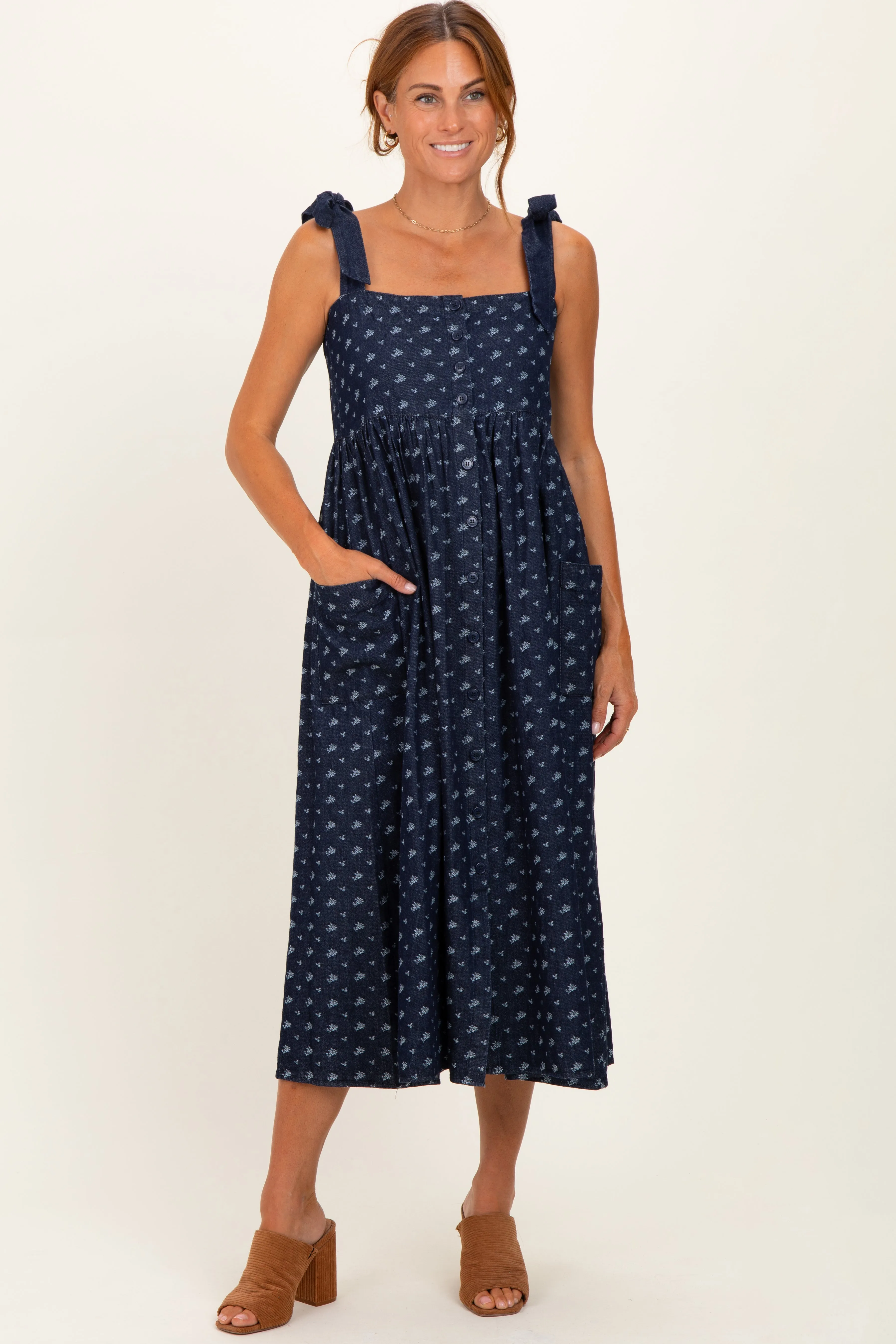 Navy Floral Button Down Shoulder Tie Midi Dress sold by Pinkblush