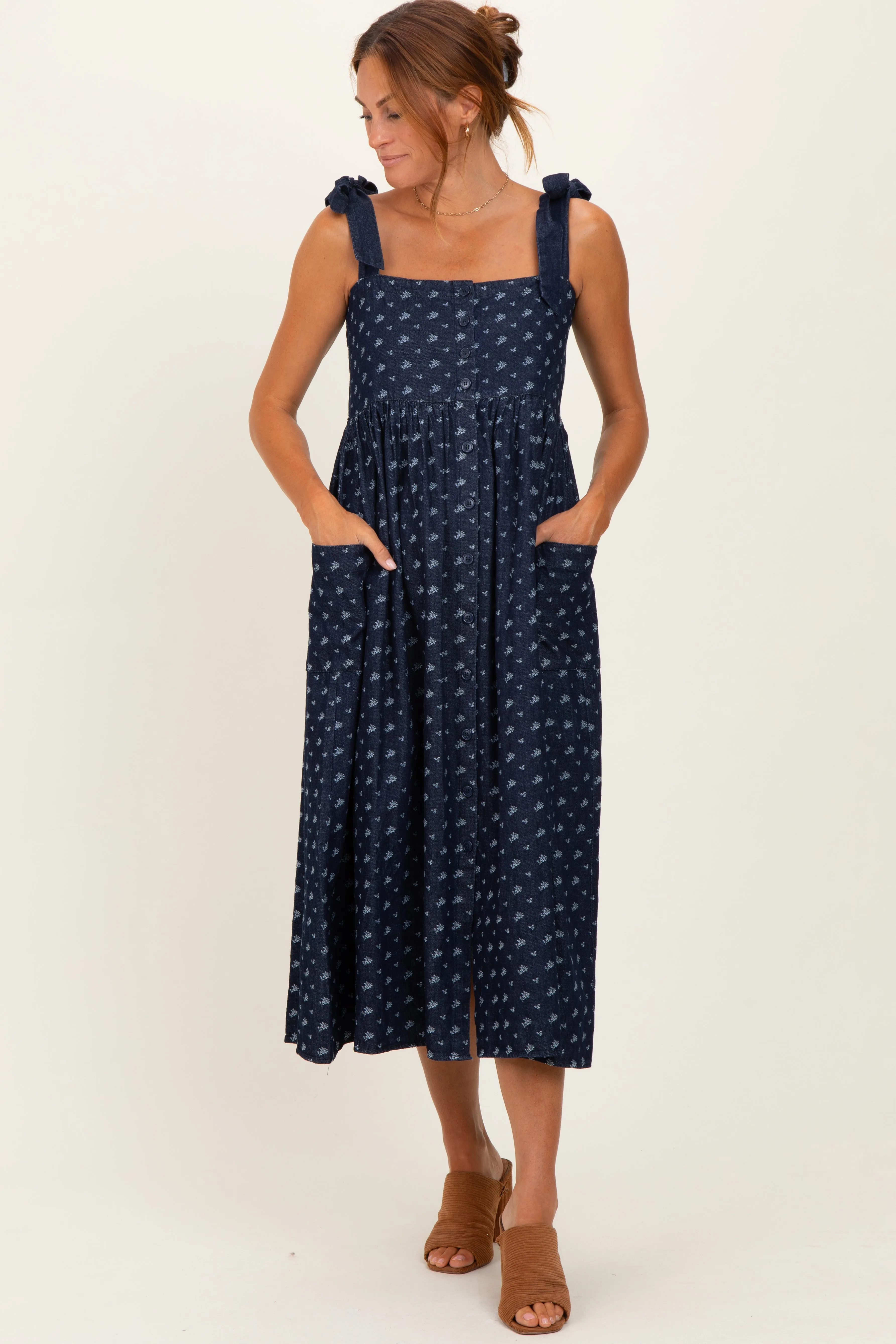 Navy Floral Button Down Shoulder Tie Midi Dress sold by Pinkblush product image thumbnail 2