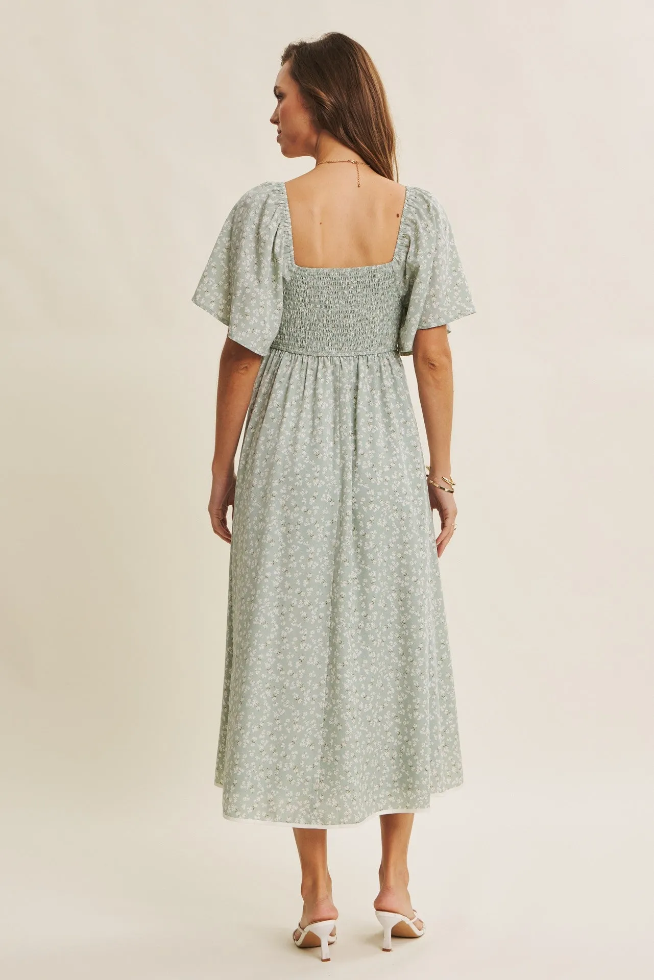 Sage Floral Tie Front Flutter Sleeve Midi Dress sold by Pinkblush product image thumbnail 4