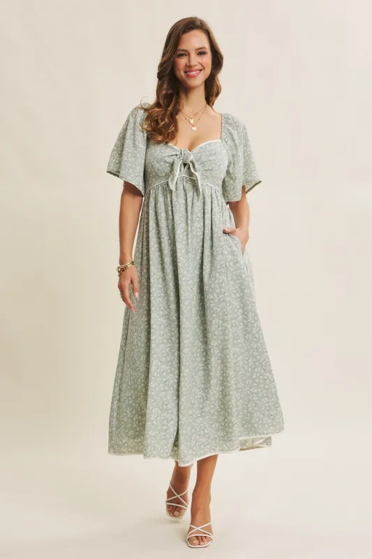 Sage Floral Tie Front Flutter Sleeve Midi Dress sold by Pinkblush
