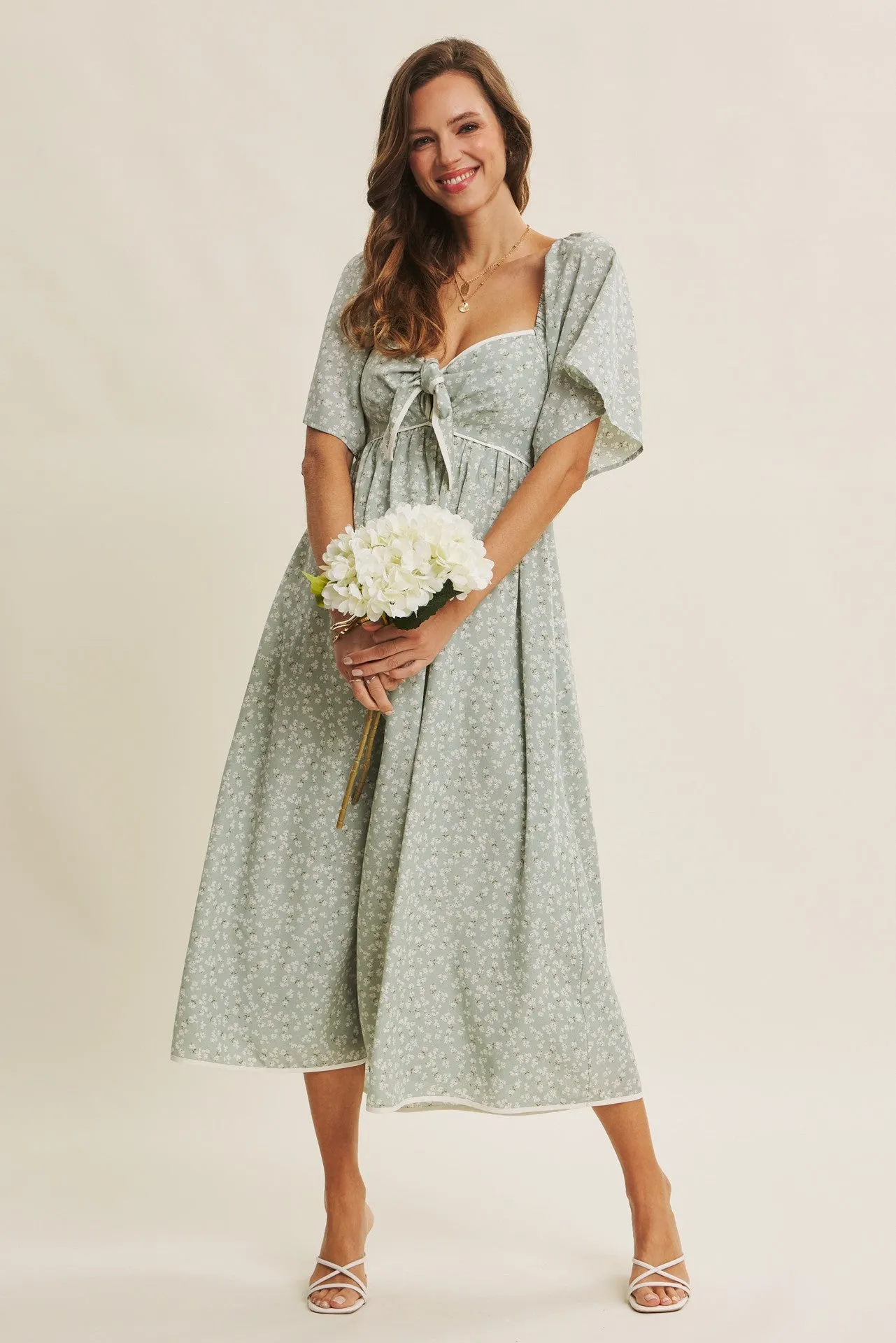Sage Floral Tie Front Flutter Sleeve Midi Dress sold by Pinkblush product image thumbnail 2