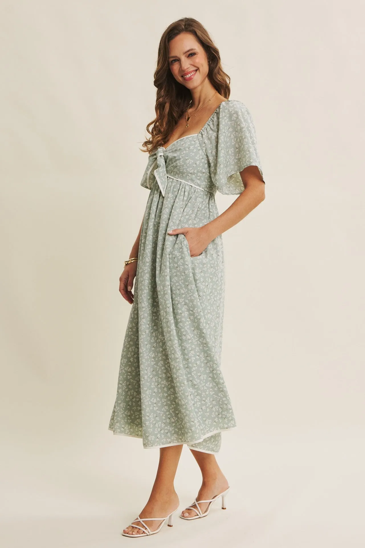 Sage Floral Tie Front Flutter Sleeve Midi Dress sold by Pinkblush product image thumbnail 3