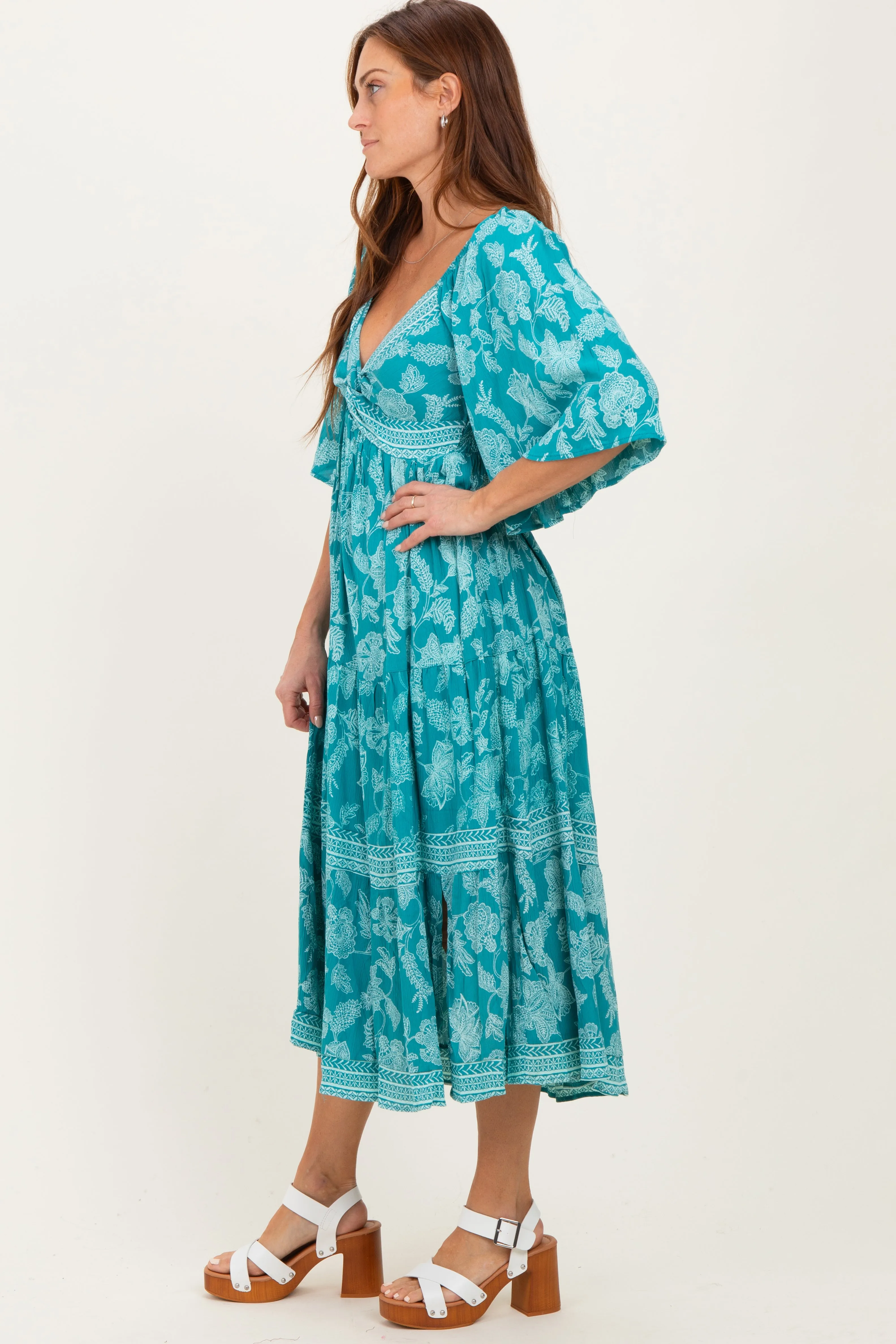 Turquoise Floral Twisted Front Flutter Sleeve Midi Dress sold by Pinkblush product image thumbnail 3