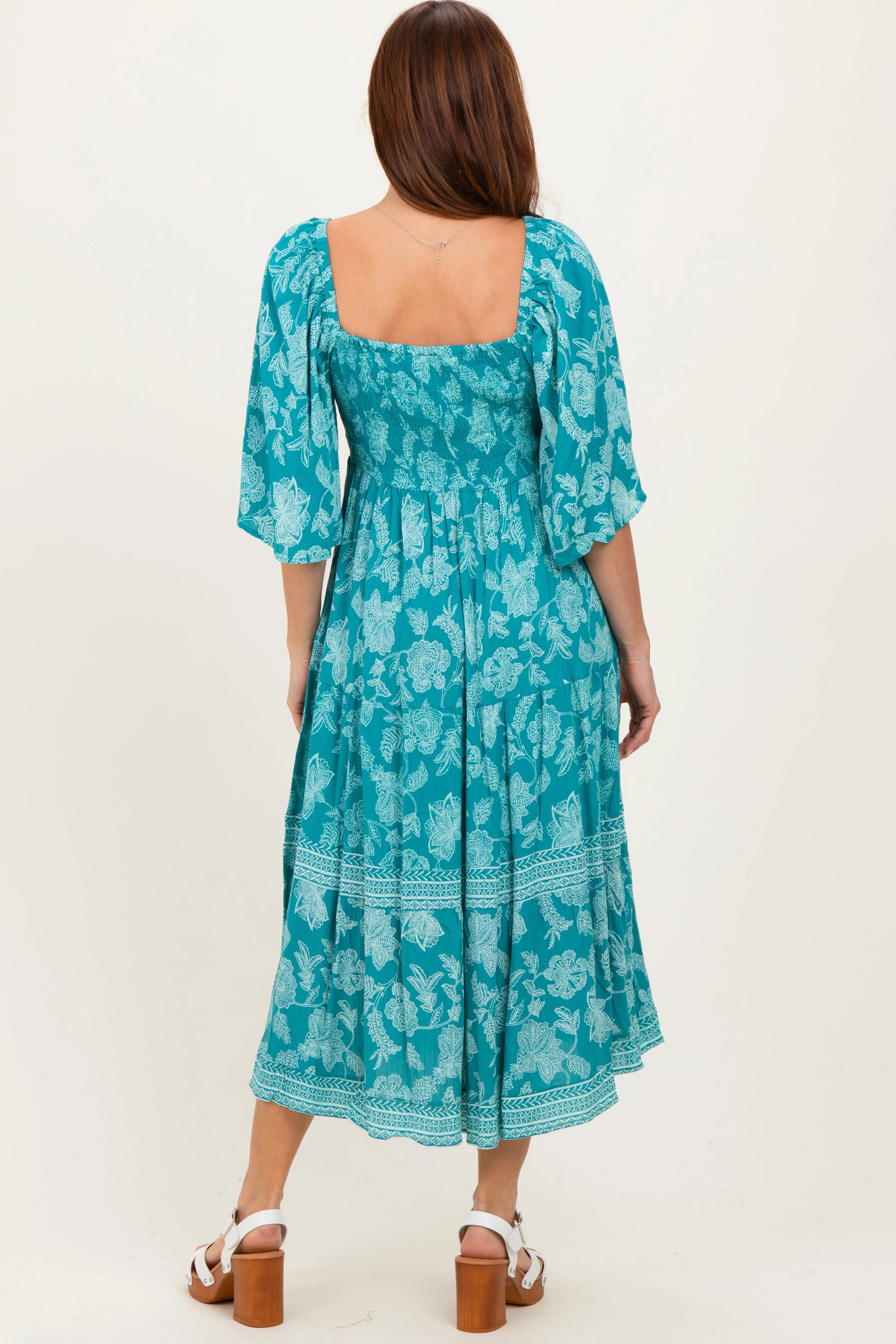 Turquoise Floral Twisted Front Flutter Sleeve Midi Dress sold by Pinkblush product image thumbnail 4