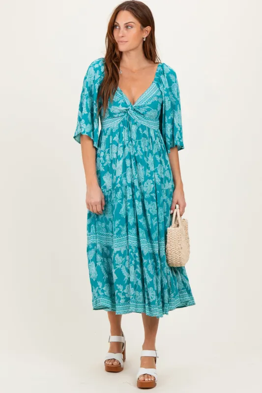 Turquoise Floral Twisted Front Flutter Sleeve Midi Dress sold by Pinkblush