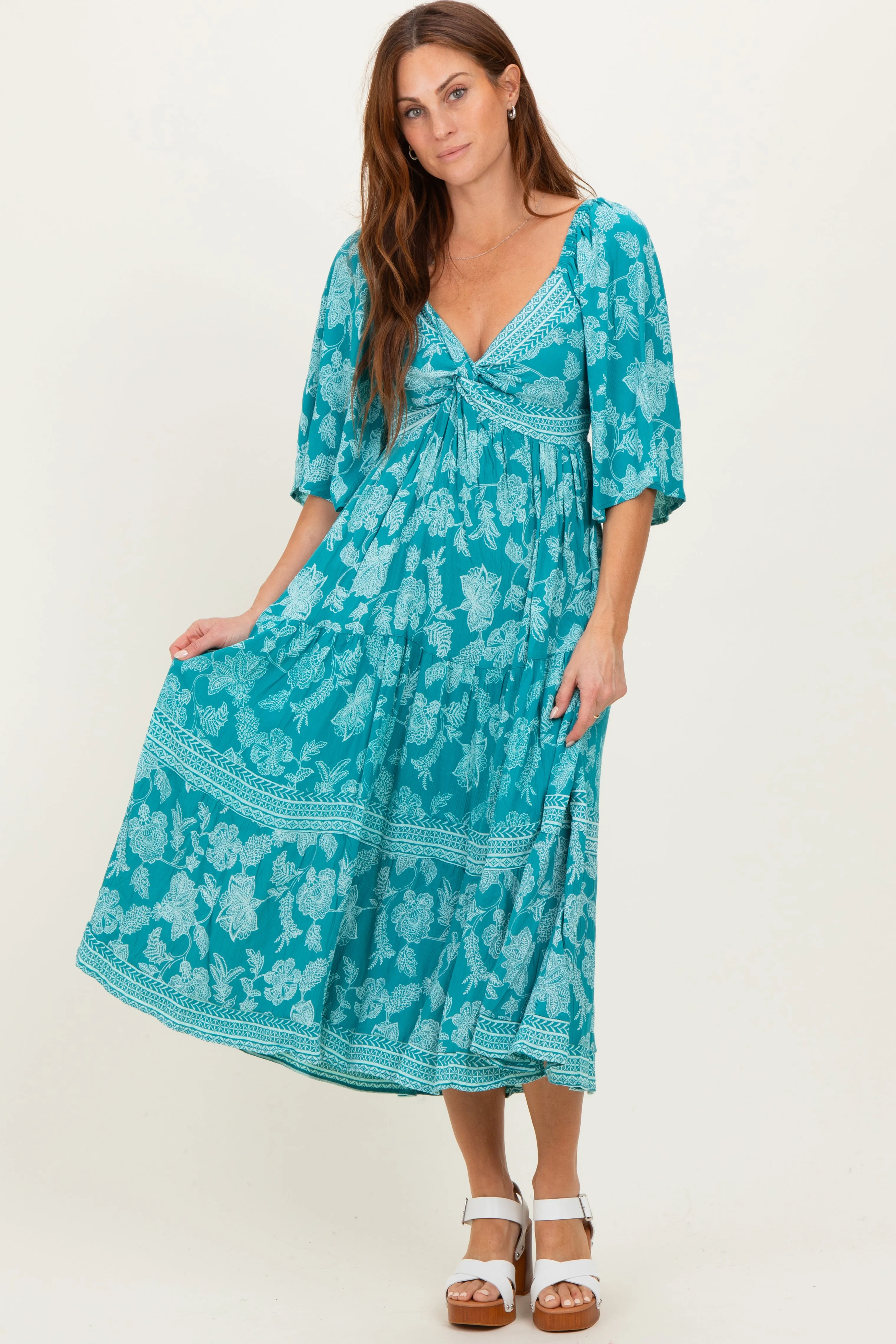 Turquoise Floral Twisted Front Flutter Sleeve Midi Dress sold by Pinkblush product image thumbnail 2