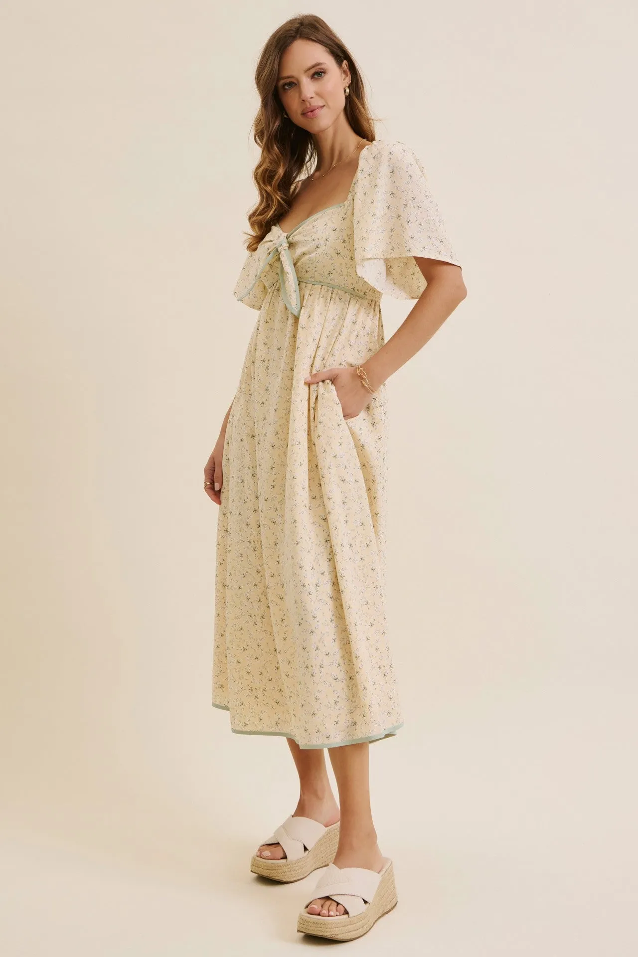 Butter Yellow Floral Tie Front Flutter Sleeve Midi Dress sold by Pinkblush product image thumbnail 4
