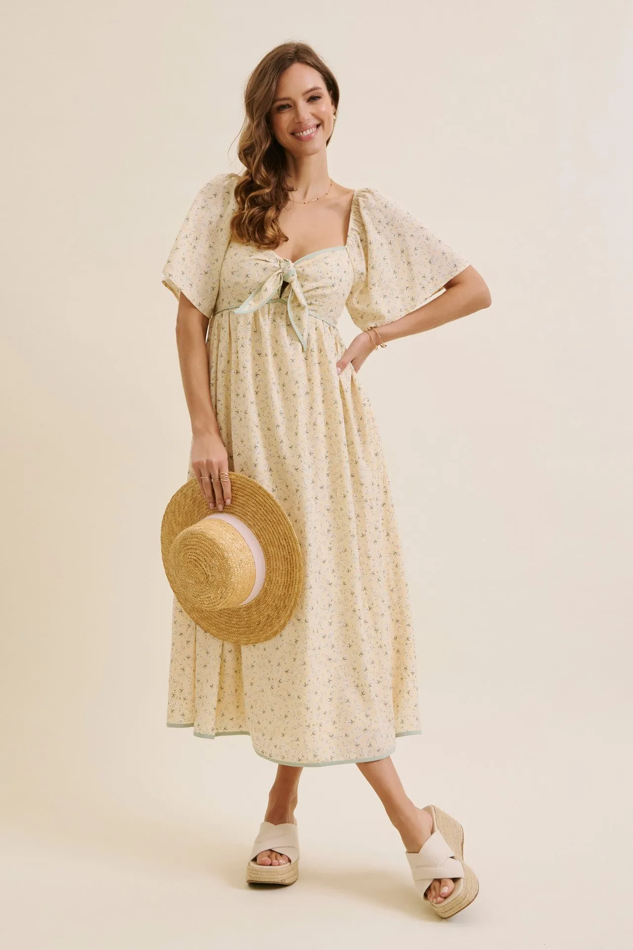 Butter Yellow Floral Tie Front Flutter Sleeve Midi Dress sold by Pinkblush product image thumbnail 2