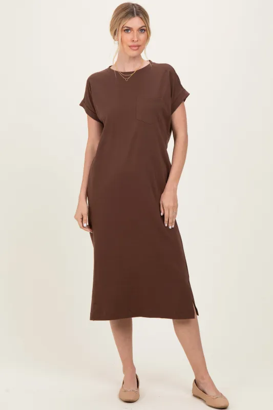 Brown Pocket Front Midi T-Shirt Dress sold by Pinkblush