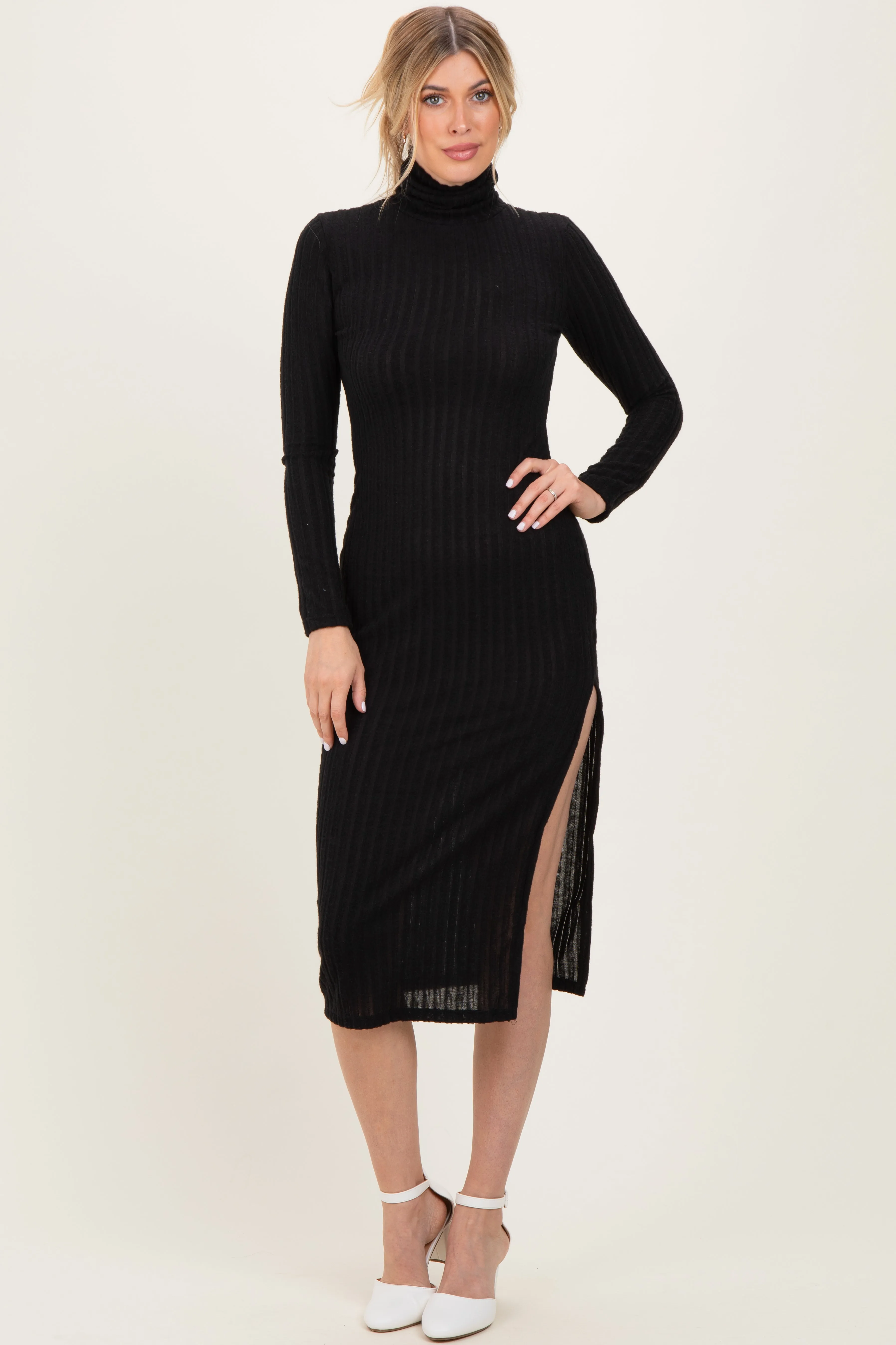 Black Ribbed Knit Turtleneck Side Slit Dress sold by Pinkblush product image thumbnail 2