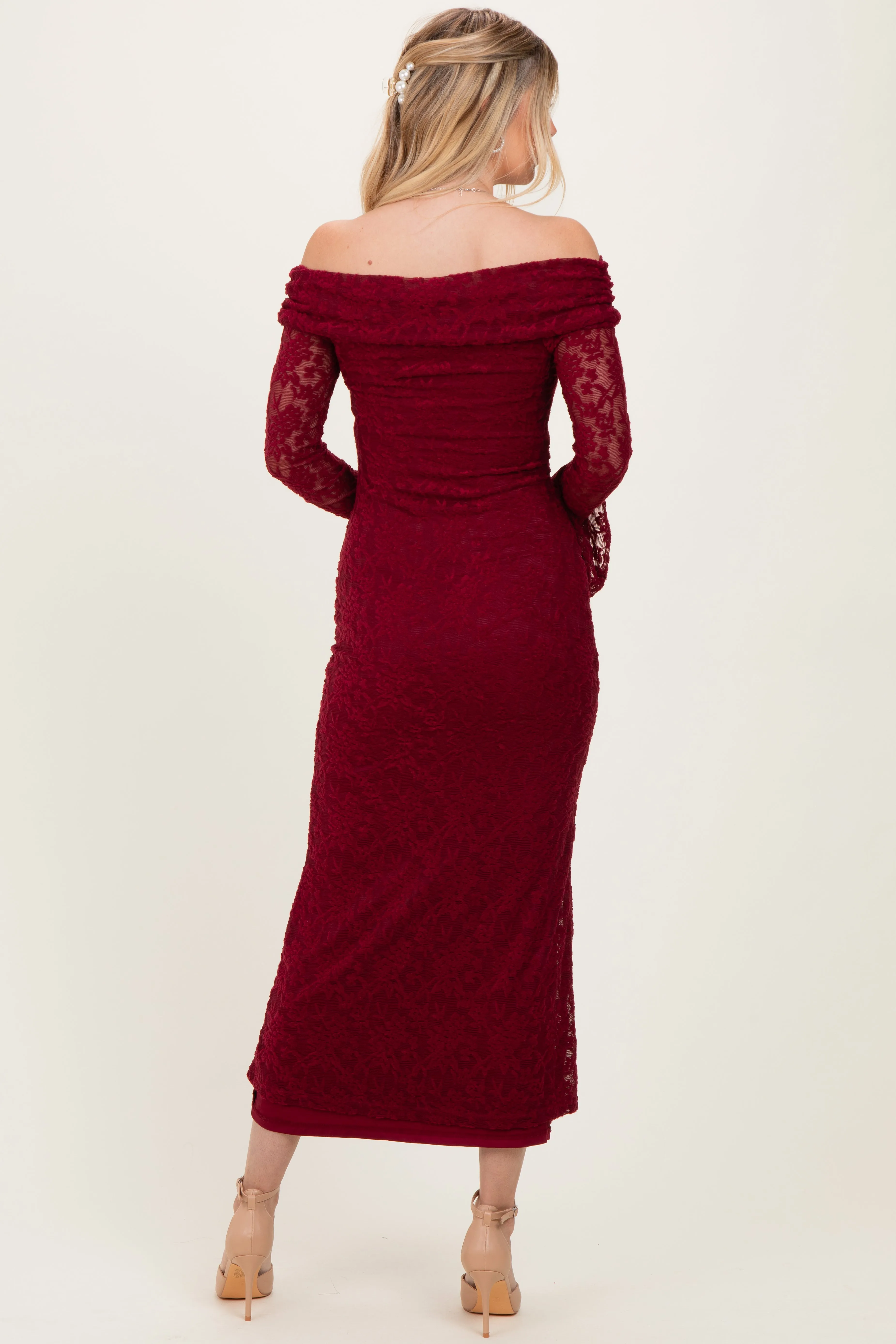 Burgundy Lace Off Shoulder Maxi Dress sold by Pinkblush product image thumbnail 4