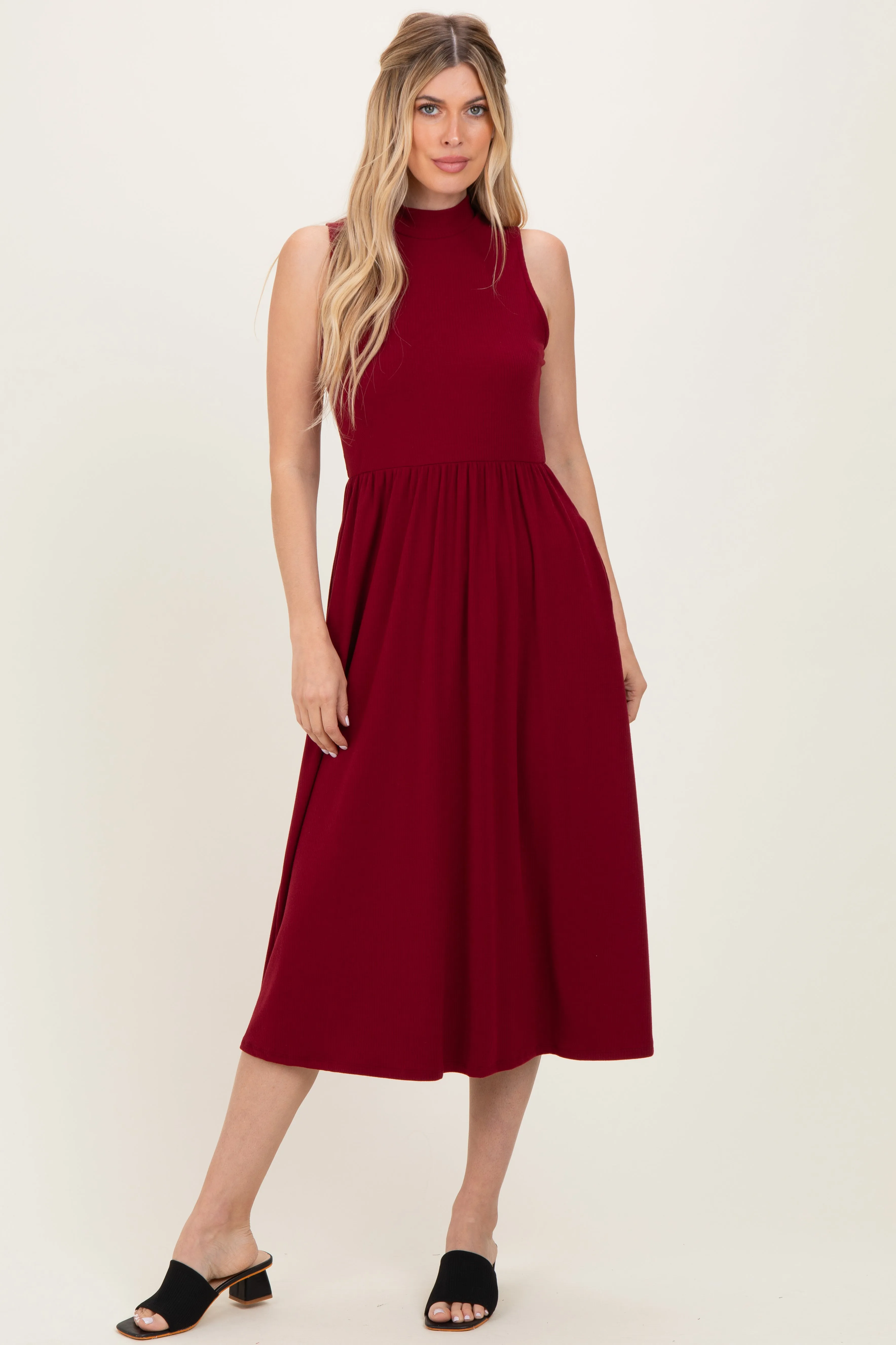 Wine Ribbed Mock Neck Sleeveless Midi Dress sold by Pinkblush product image thumbnail 2