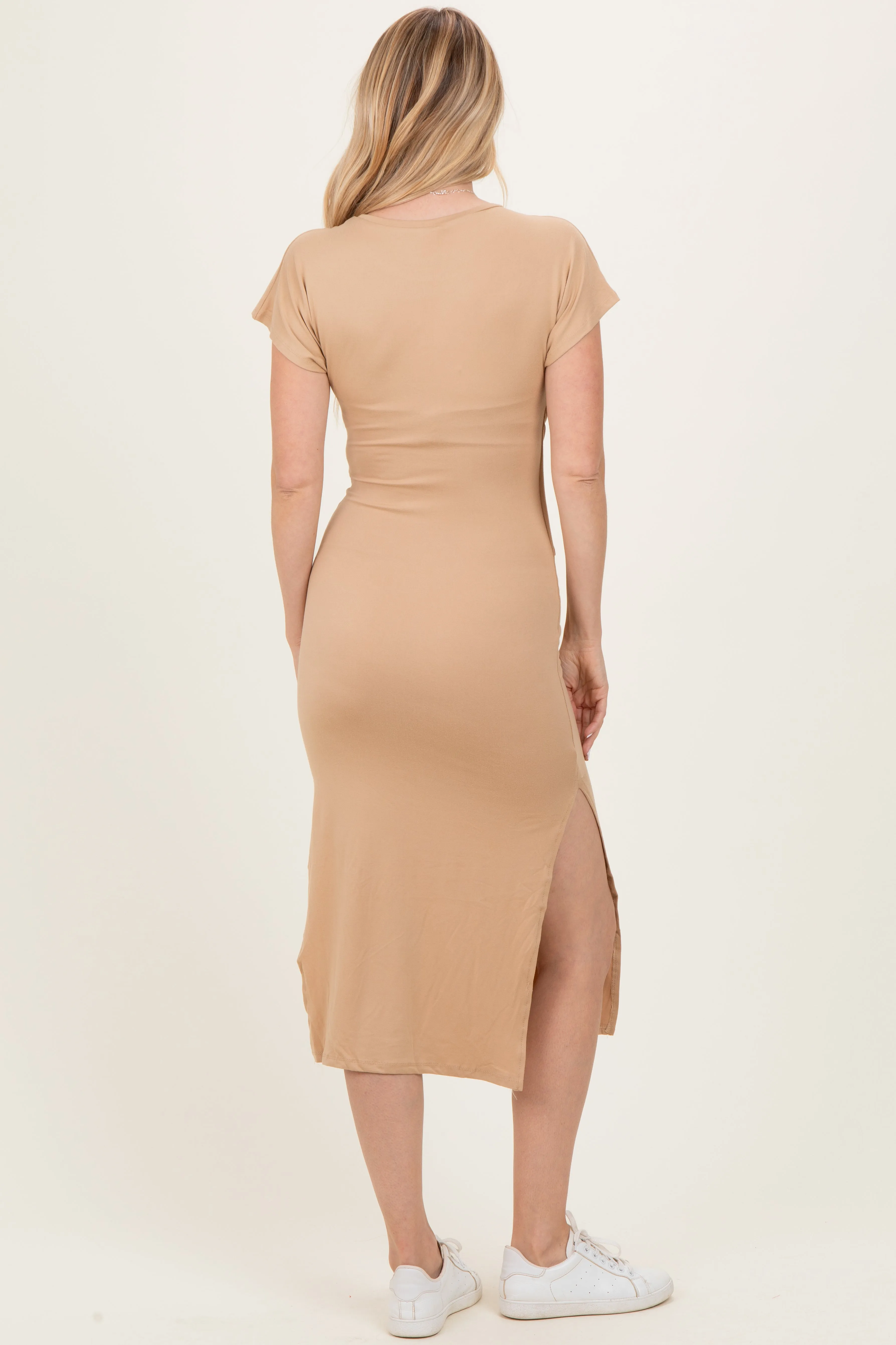 Camel Waist Tie Short Sleeve Side Slit Dress sold by Pinkblush product image thumbnail 3
