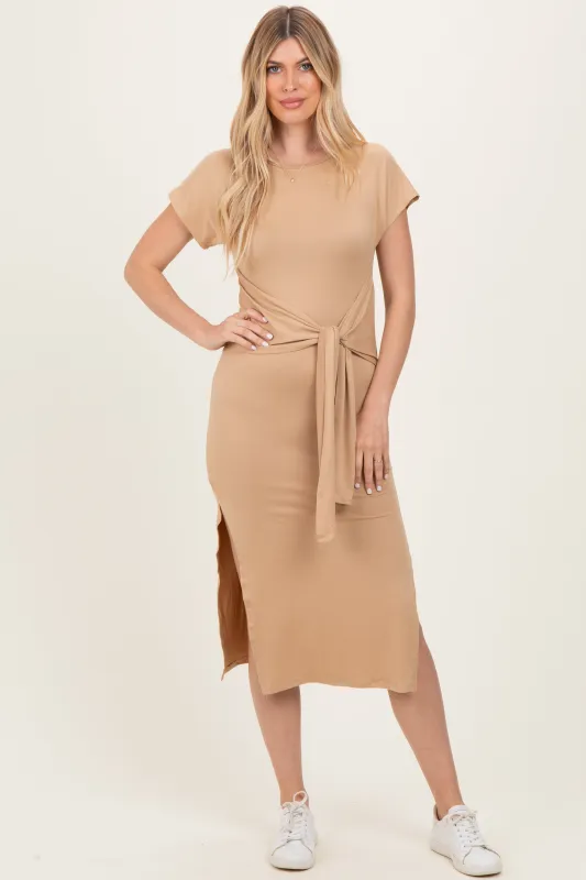 Camel Waist Tie Short Sleeve Side Slit Dress sold by Pinkblush