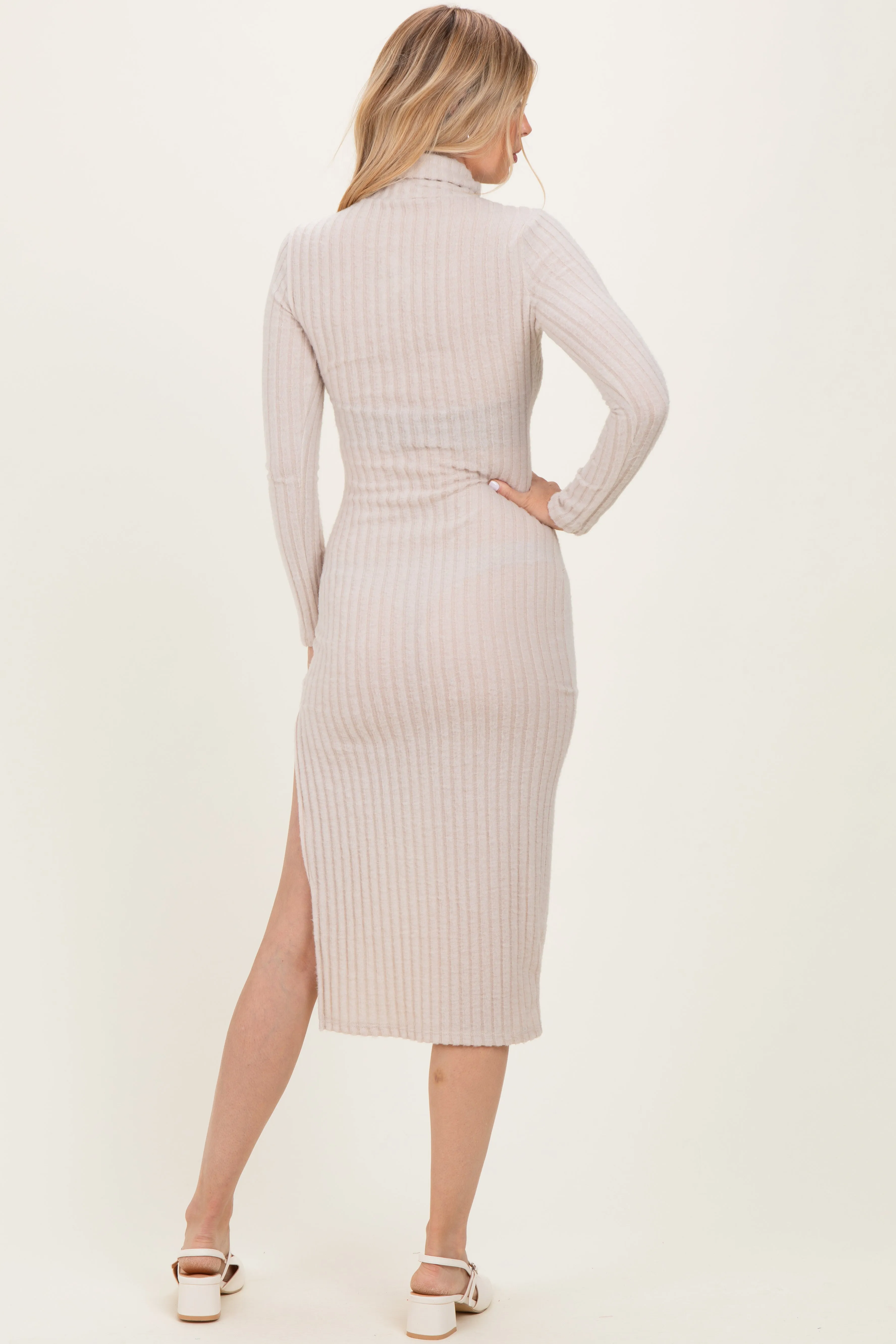 Beige Ribbed Knit Turtleneck Side Slit Dress sold by Pinkblush product image thumbnail 4