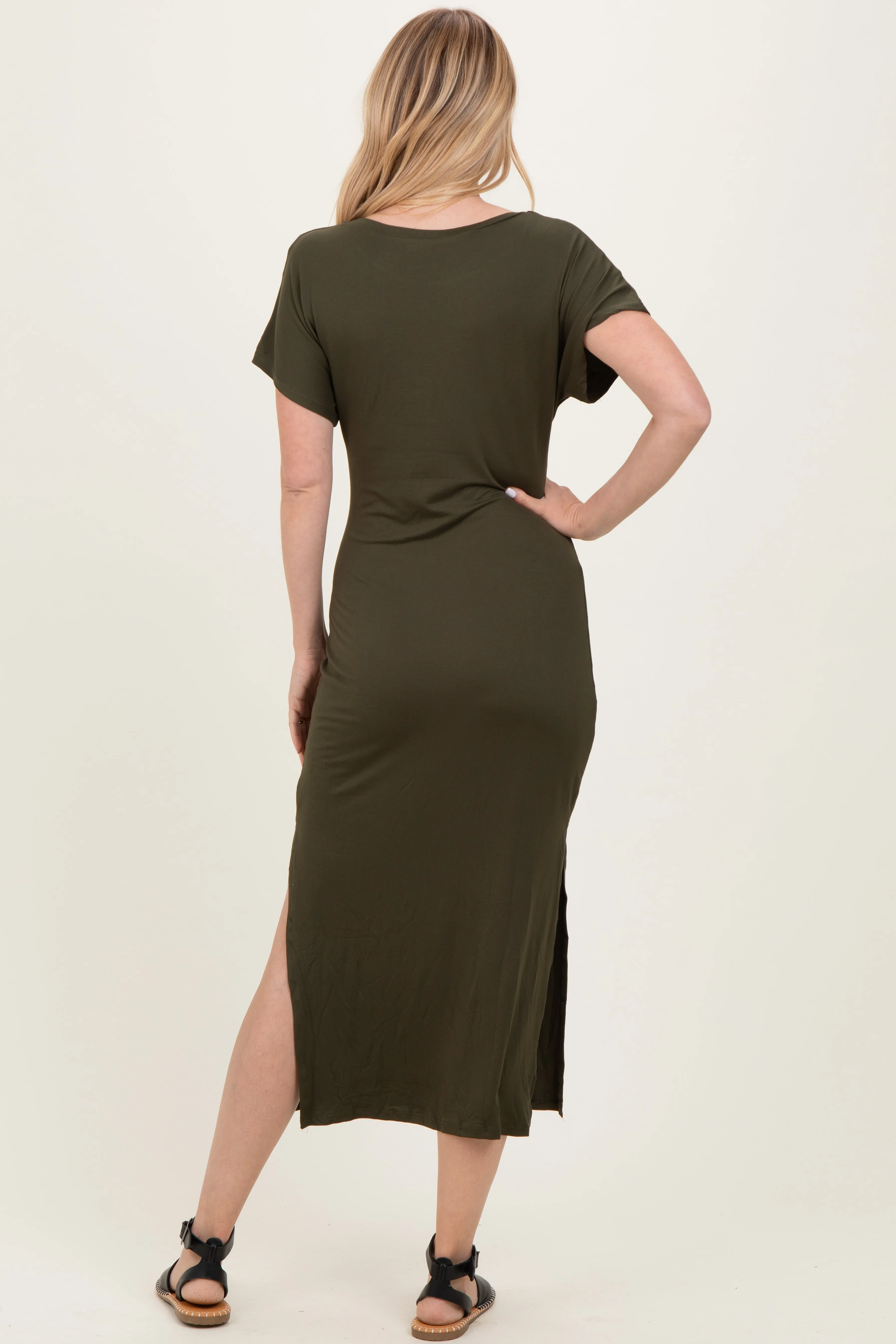 Olive Waist Tie Short Sleeve Side Slit Dress sold by Pinkblush product image thumbnail 4