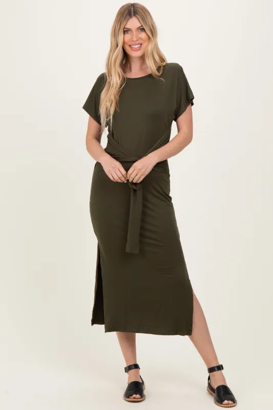 Olive Waist Tie Short Sleeve Side Slit Dress sold by Pinkblush