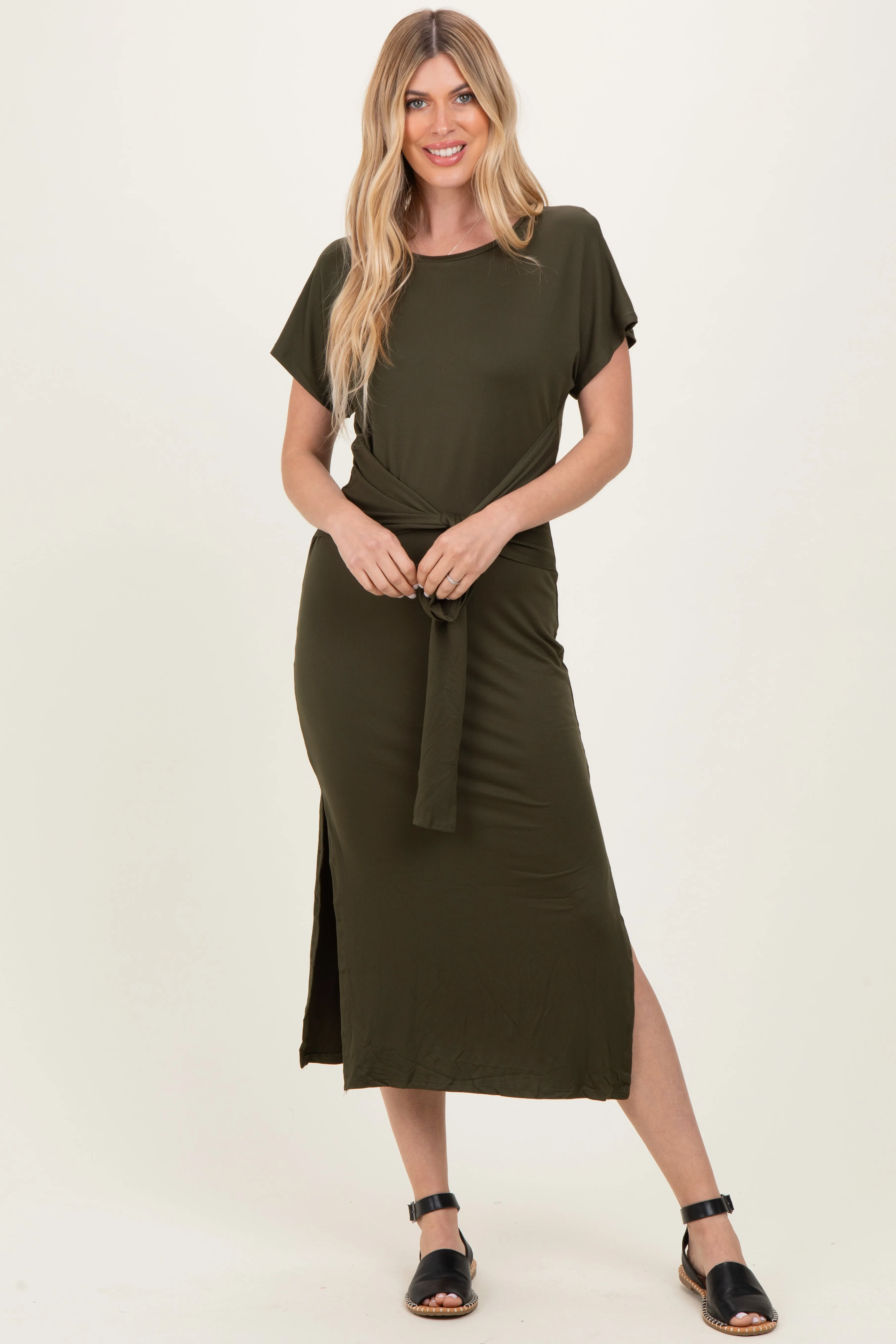 Olive Waist Tie Short Sleeve Side Slit Dress sold by Pinkblush