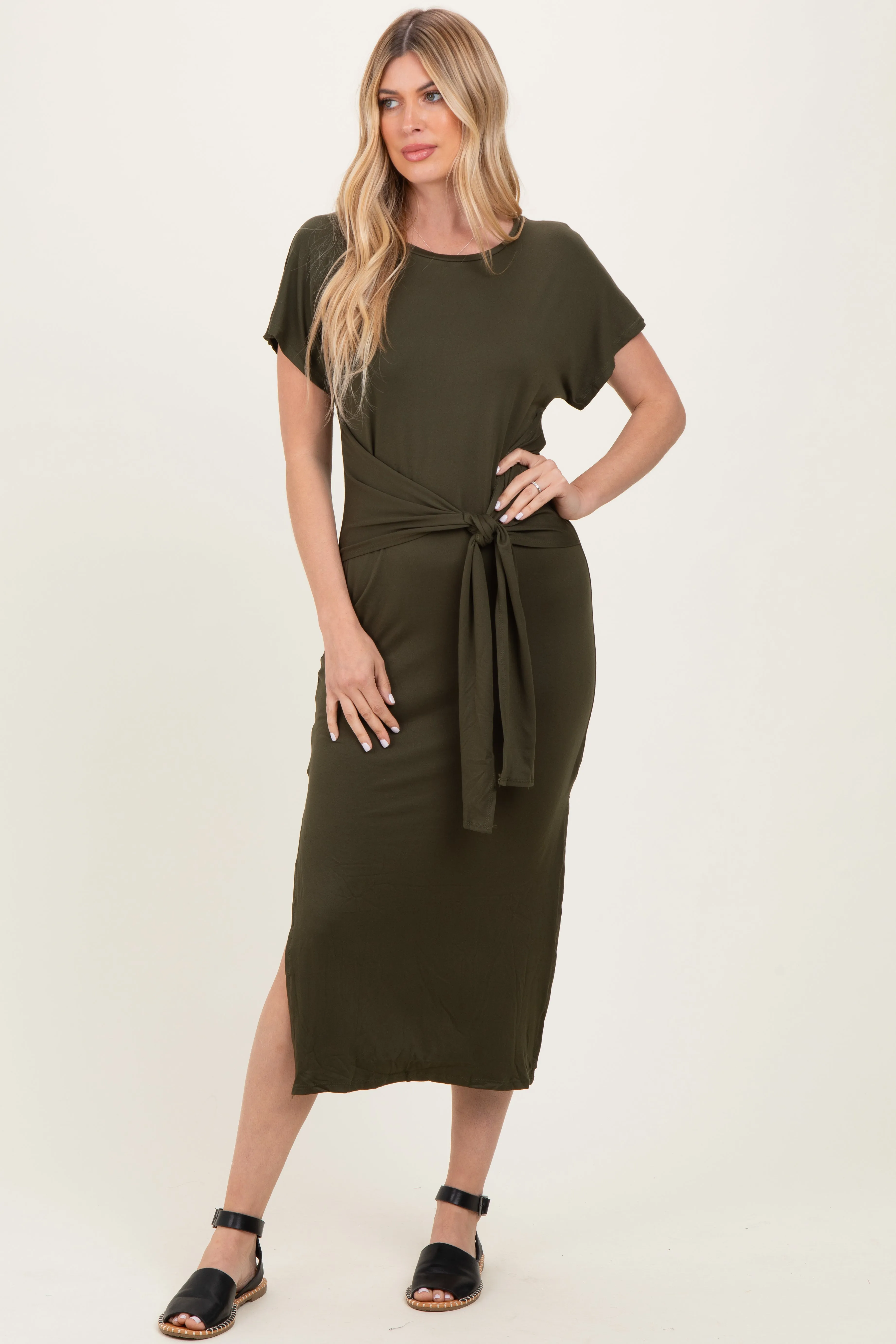 Olive Waist Tie Short Sleeve Side Slit Dress sold by Pinkblush product image thumbnail 2