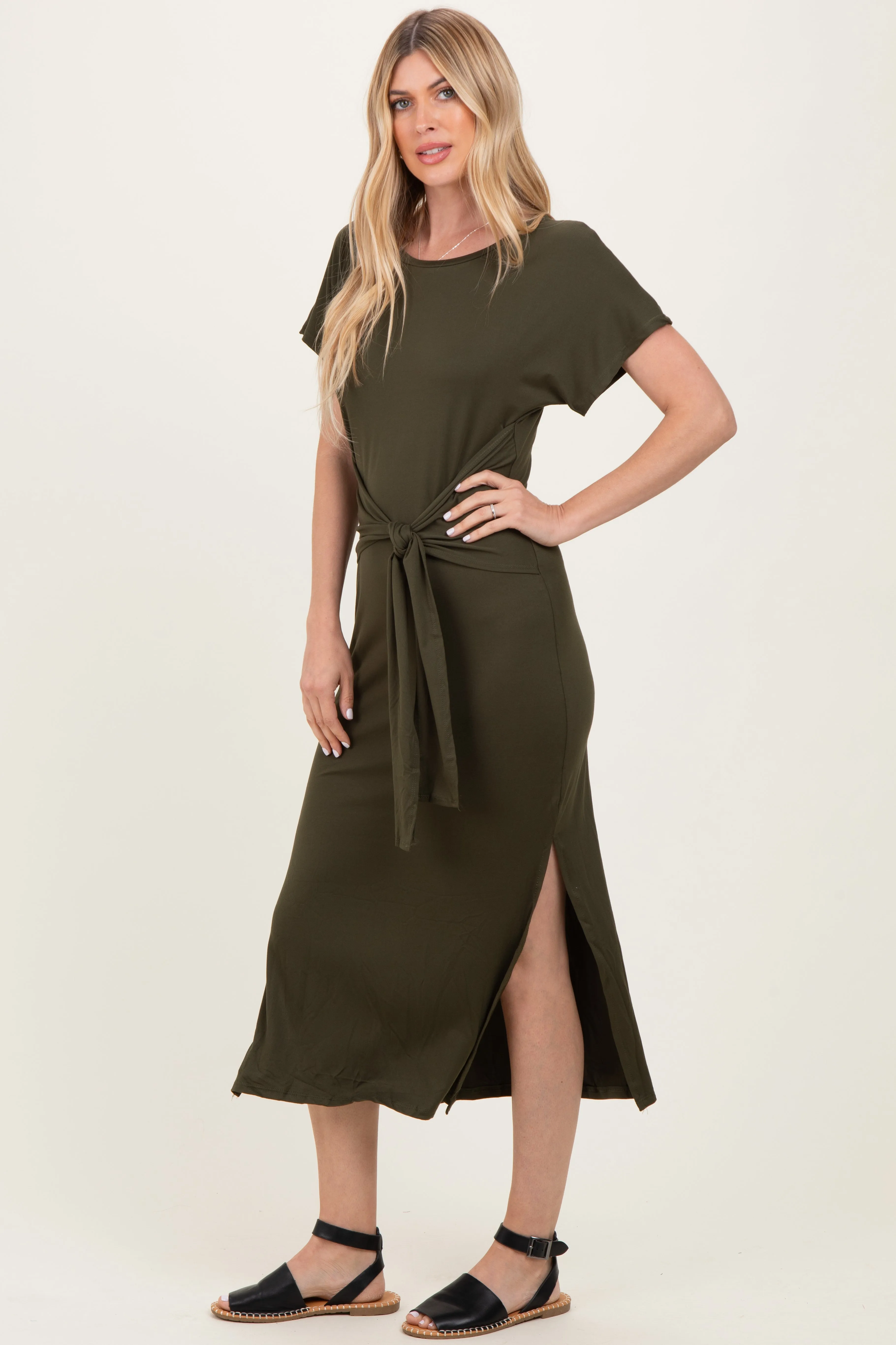 Olive Waist Tie Short Sleeve Side Slit Dress sold by Pinkblush product image thumbnail 3