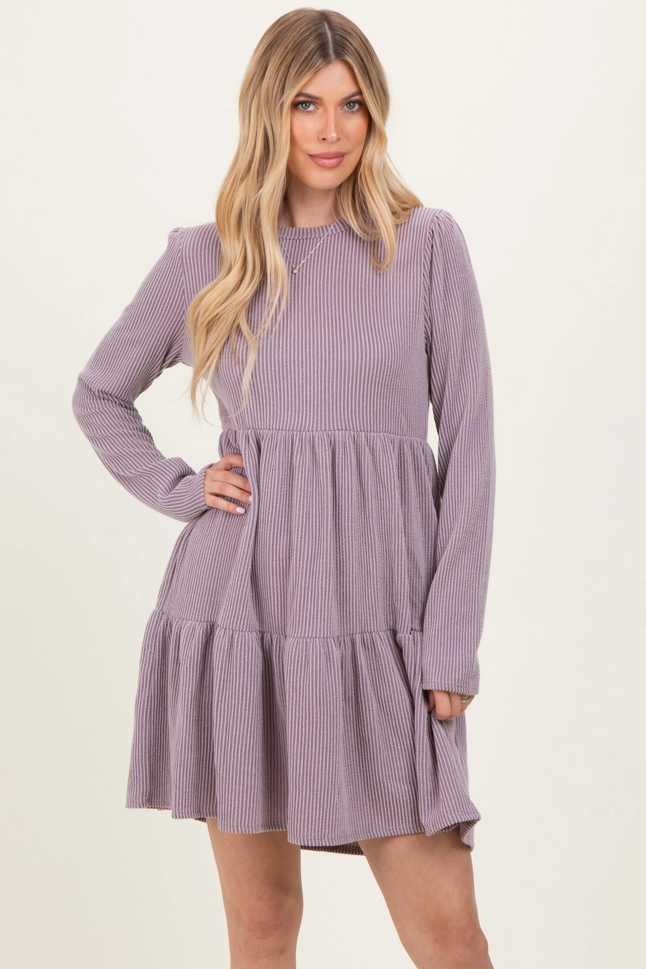 Lavender Textured Rib Tiered Long Sleeve Dress sold by Pinkblush product image thumbnail 2