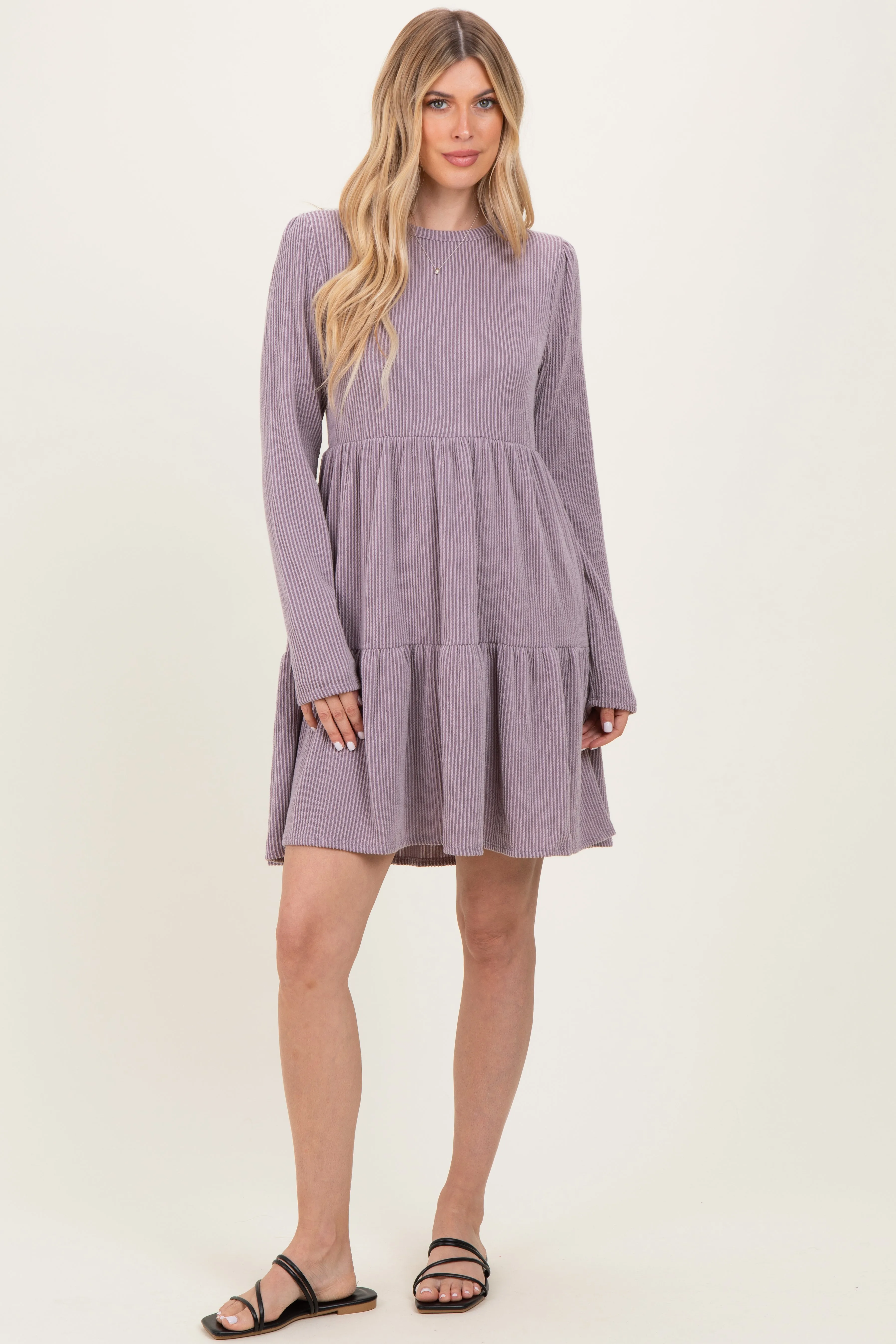 Lavender Textured Rib Tiered Long Sleeve Dress sold by Pinkblush