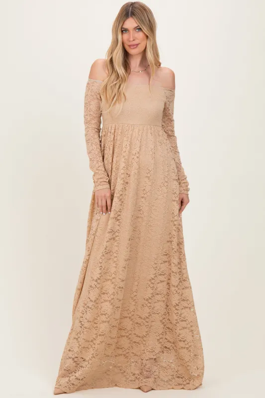 Gold Floral Lace Long Sleeve Off Shoulder Maxi Dress sold by Pinkblush