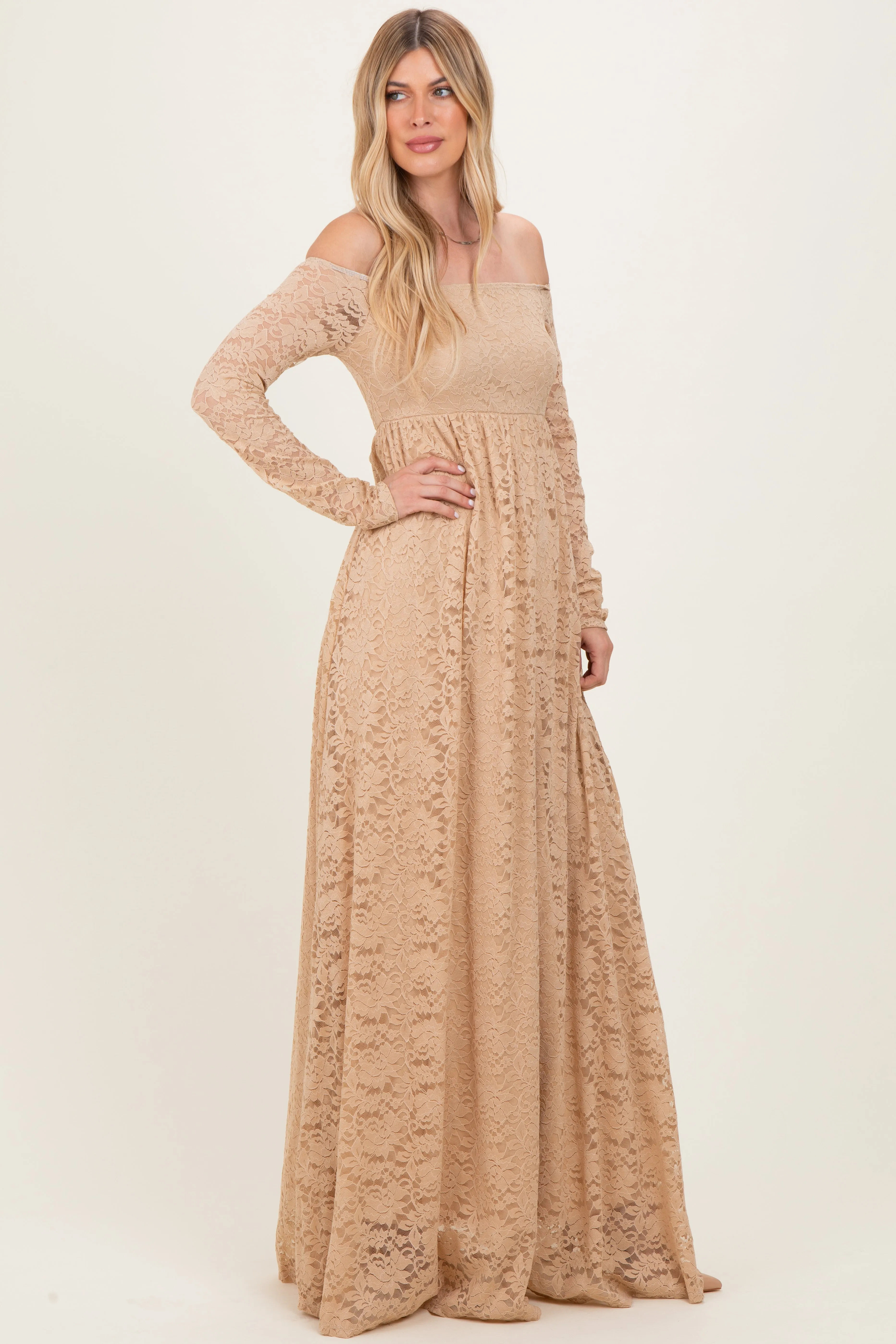 Gold Floral Lace Long Sleeve Off Shoulder Maxi Dress sold by Pinkblush product image thumbnail 2