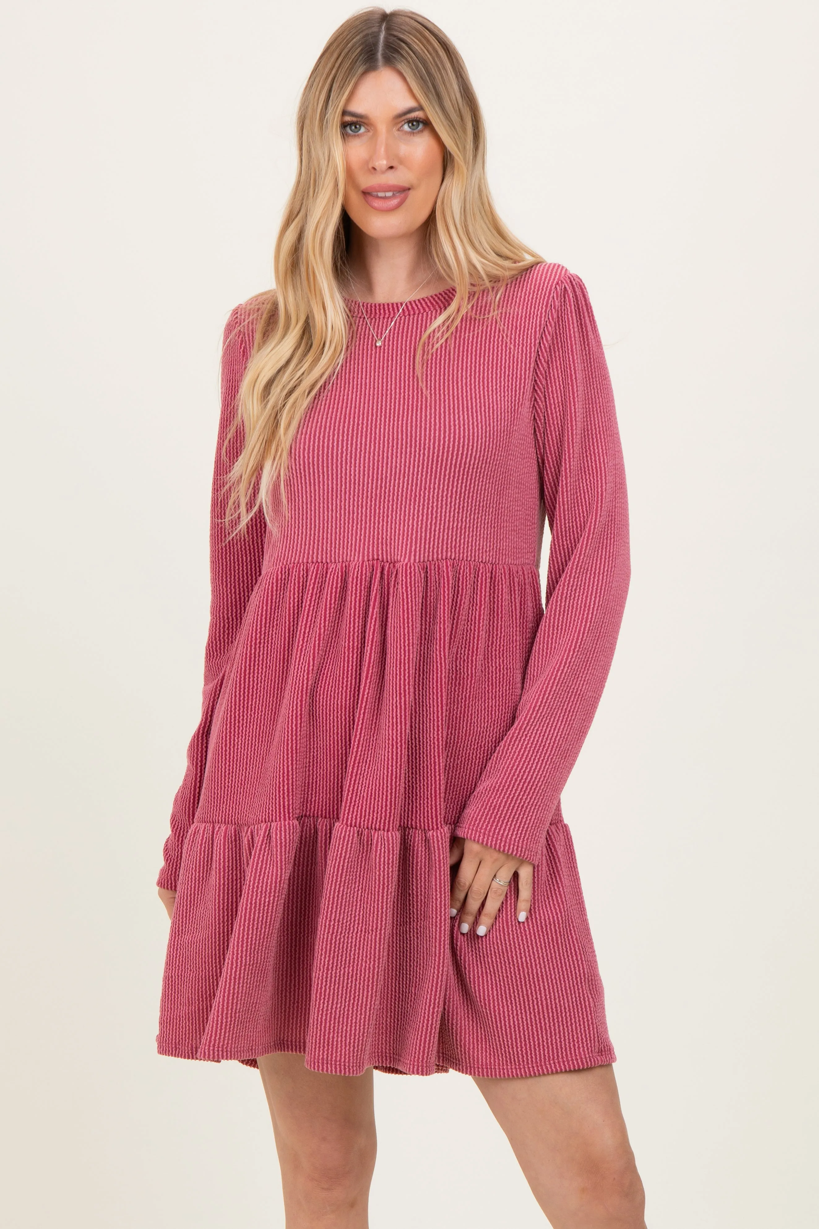Dark Mauve Textured Rib Tiered Long Sleeve Dress sold by Pinkblush product image thumbnail 2