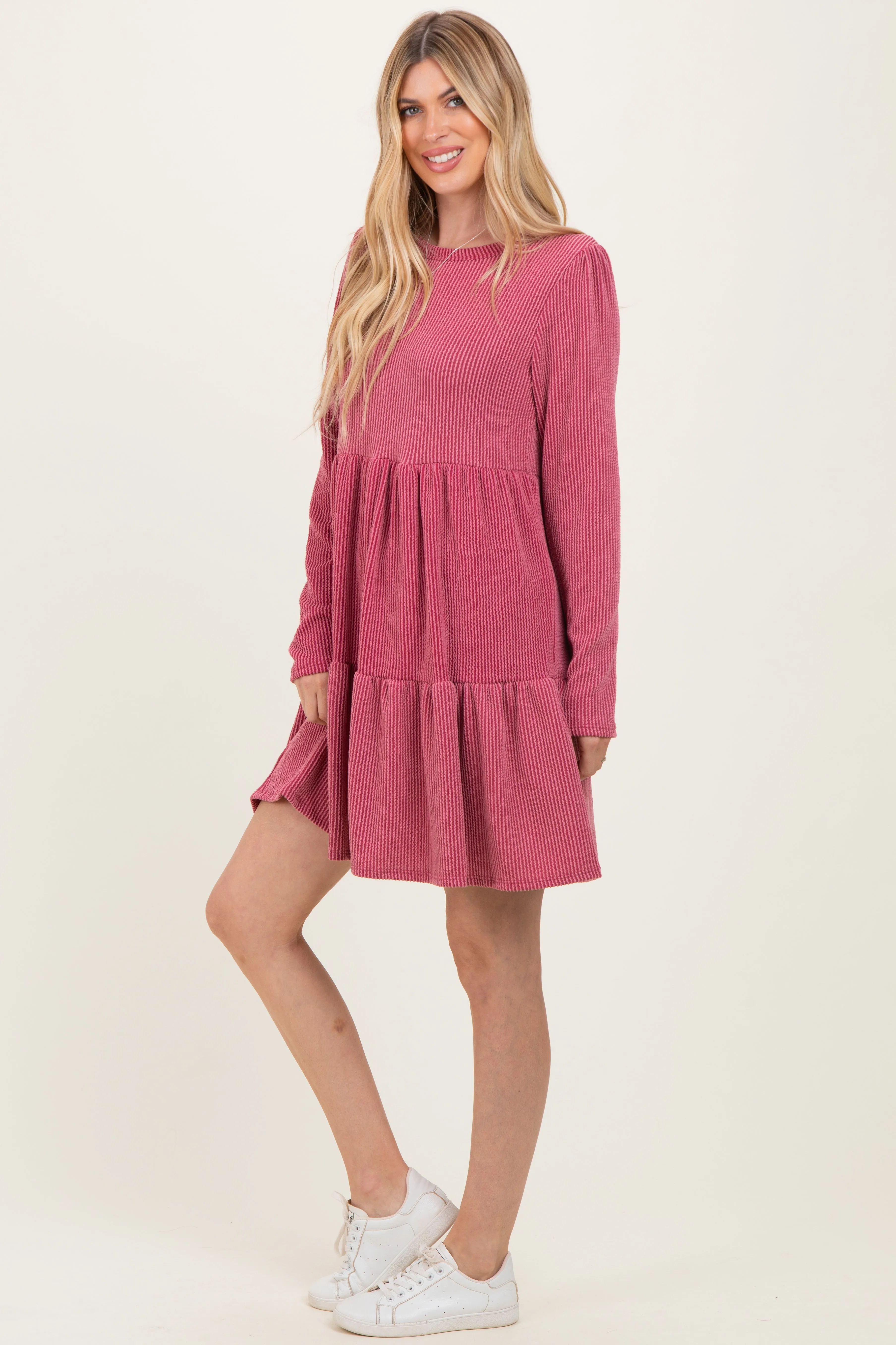 Dark Mauve Textured Rib Tiered Long Sleeve Dress sold by Pinkblush product image thumbnail 3