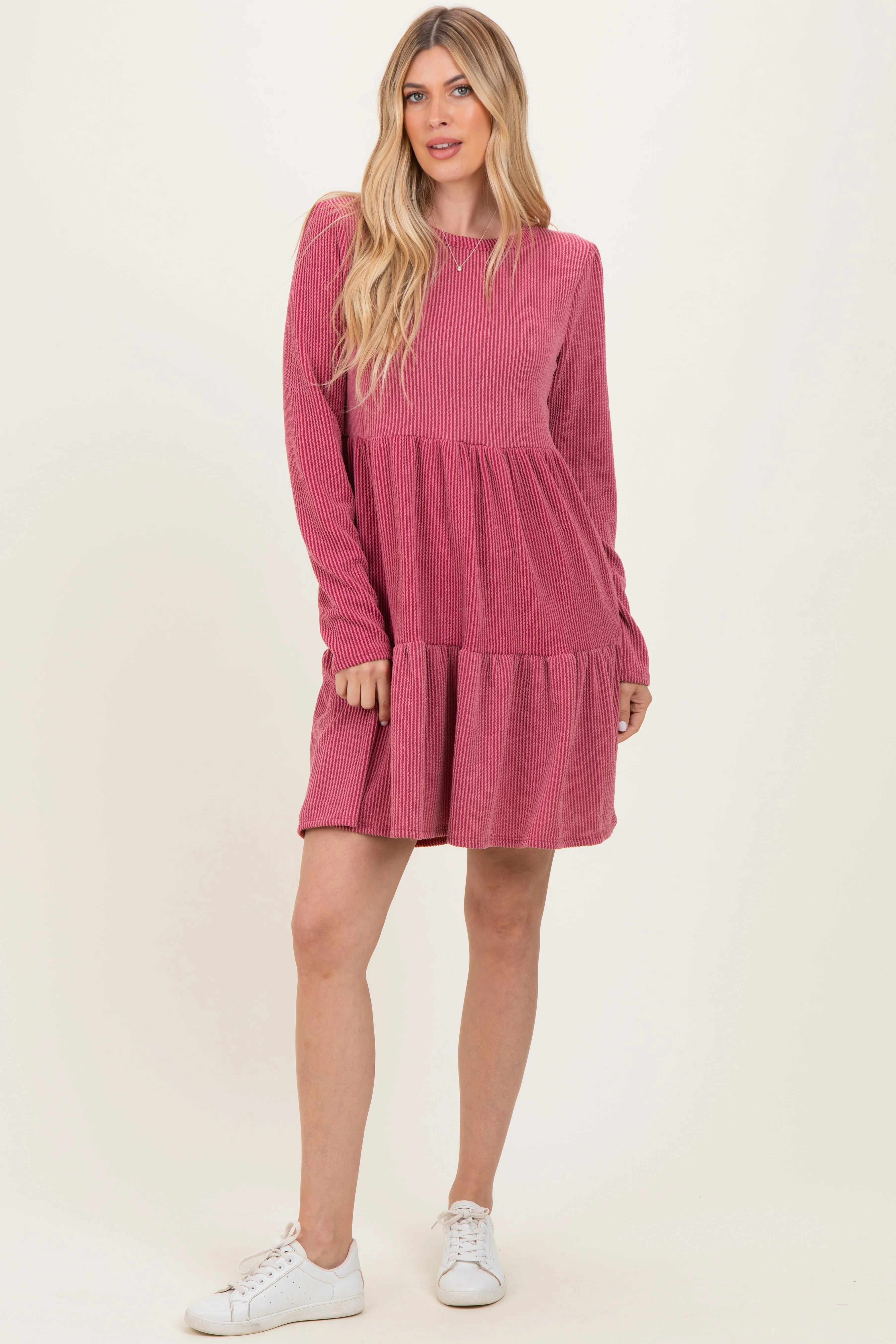 Dark Mauve Textured Rib Tiered Long Sleeve Dress sold by Pinkblush
