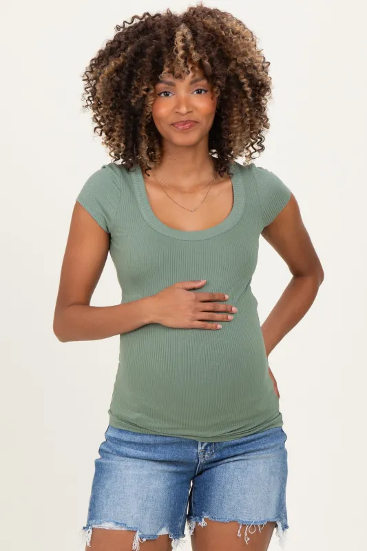 Sage Ribbed Rounded Square Neck Maternity Top sold by Pinkblush