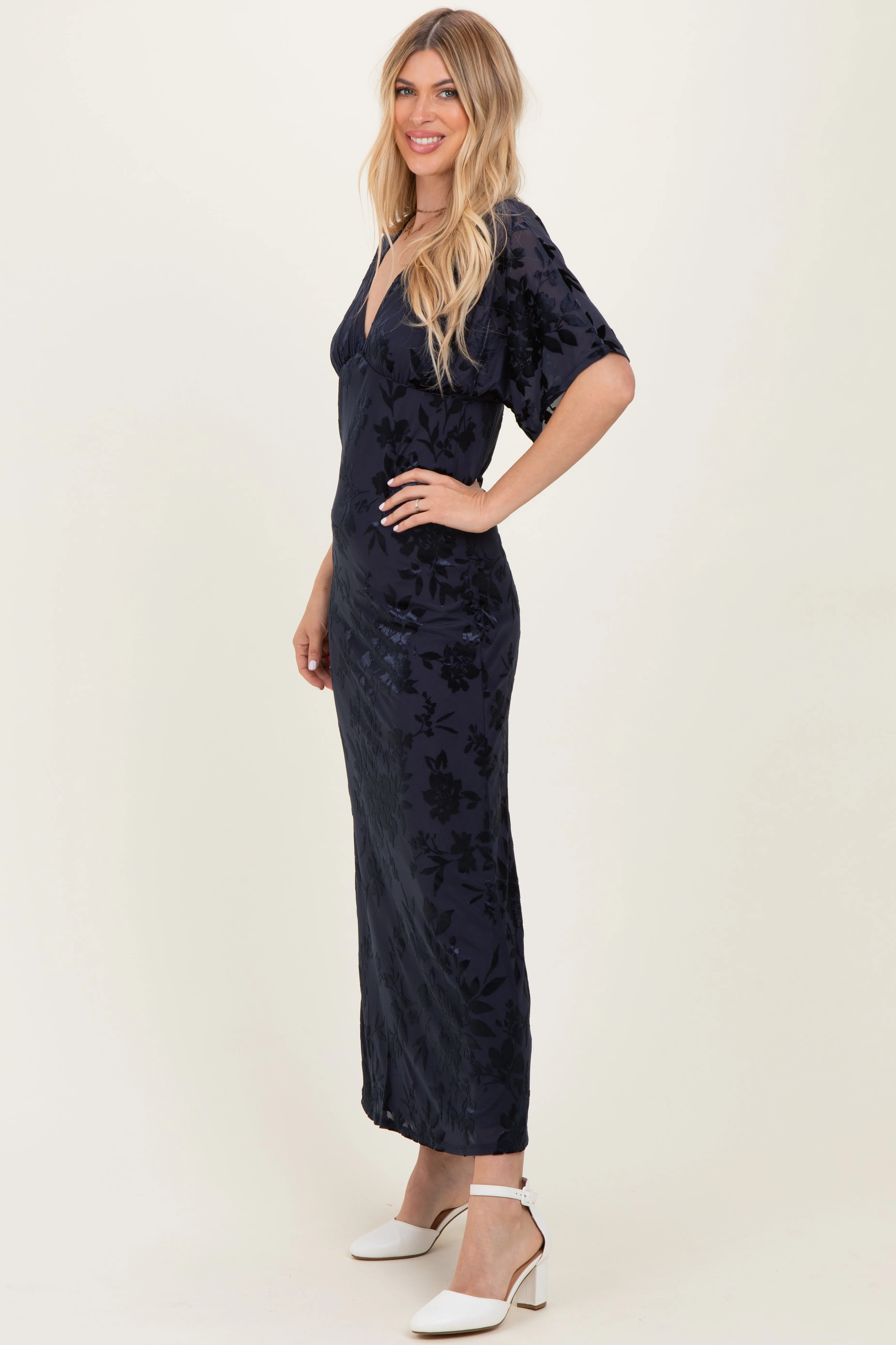 Navy Floral Velvet V-Neck Short Sleeve Maxi Dress sold by Pinkblush product image thumbnail 3