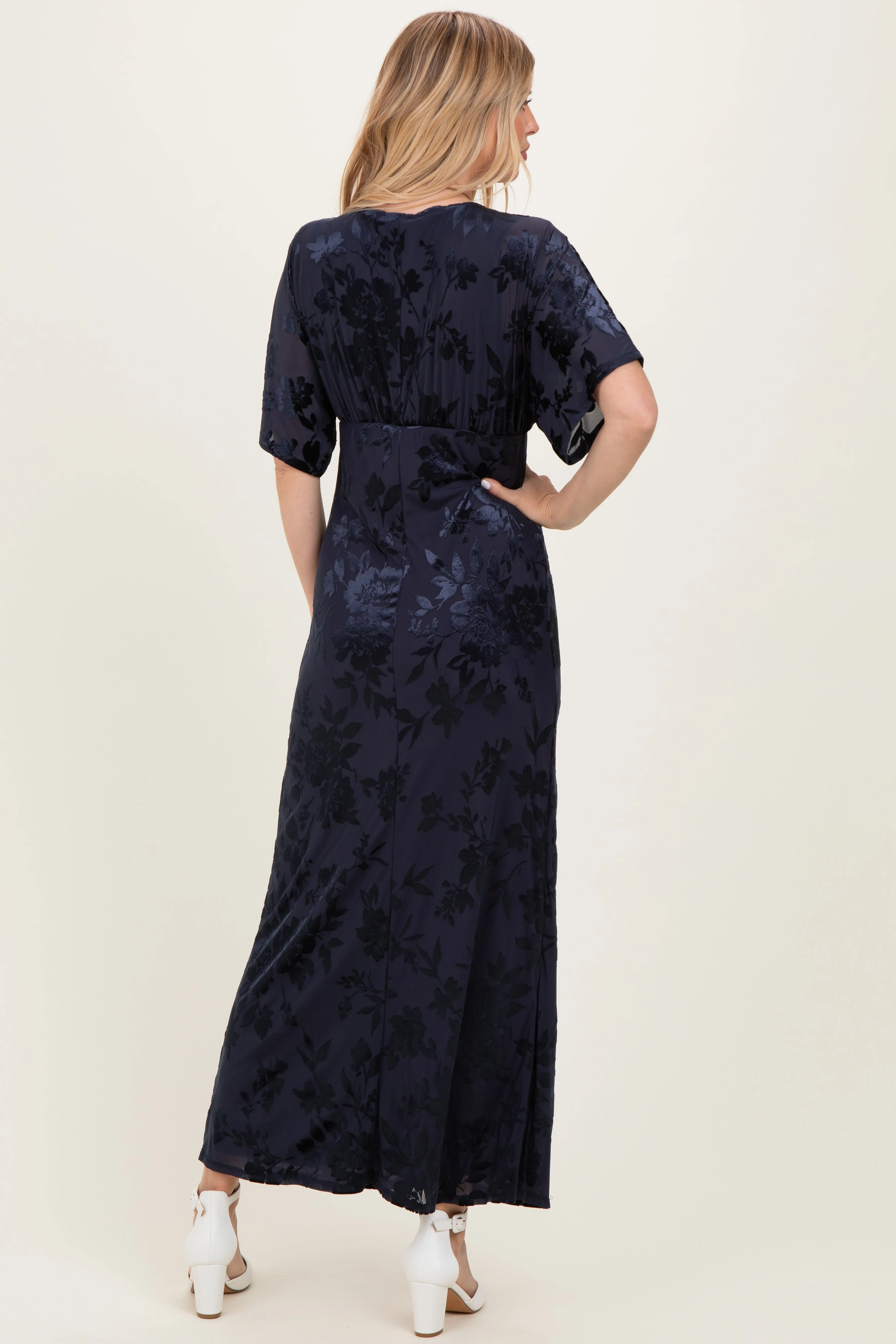 Navy Floral Velvet V-Neck Short Sleeve Maxi Dress sold by Pinkblush product image thumbnail 4