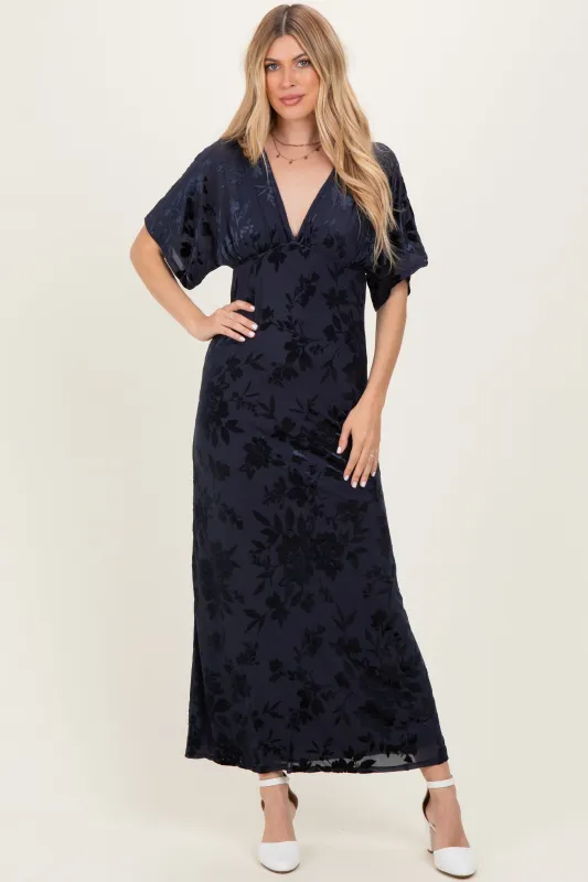 Navy Floral Velvet V-Neck Short Sleeve Maxi Dress sold by Pinkblush