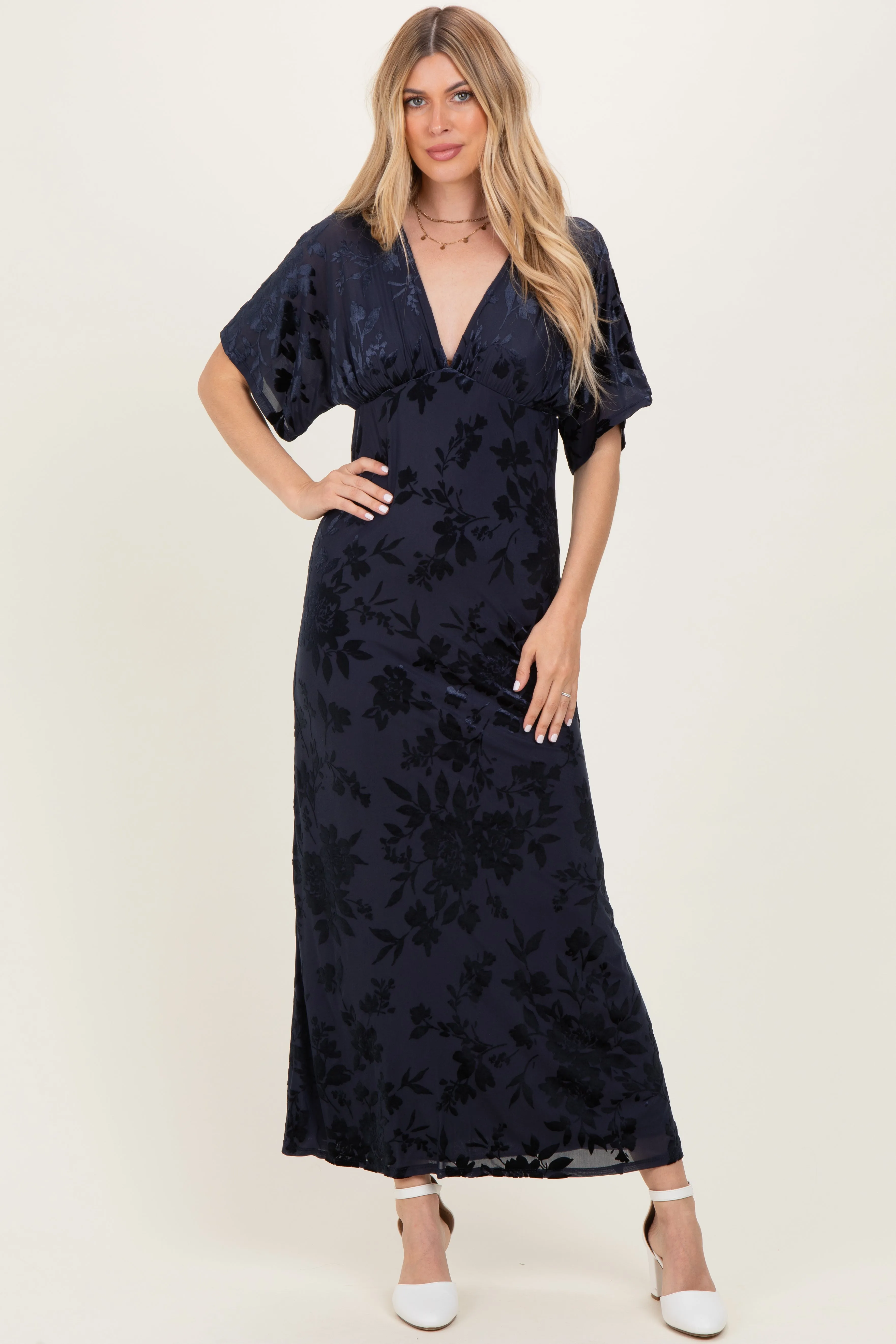 Navy Floral Velvet V-Neck Short Sleeve Maxi Dress sold by Pinkblush