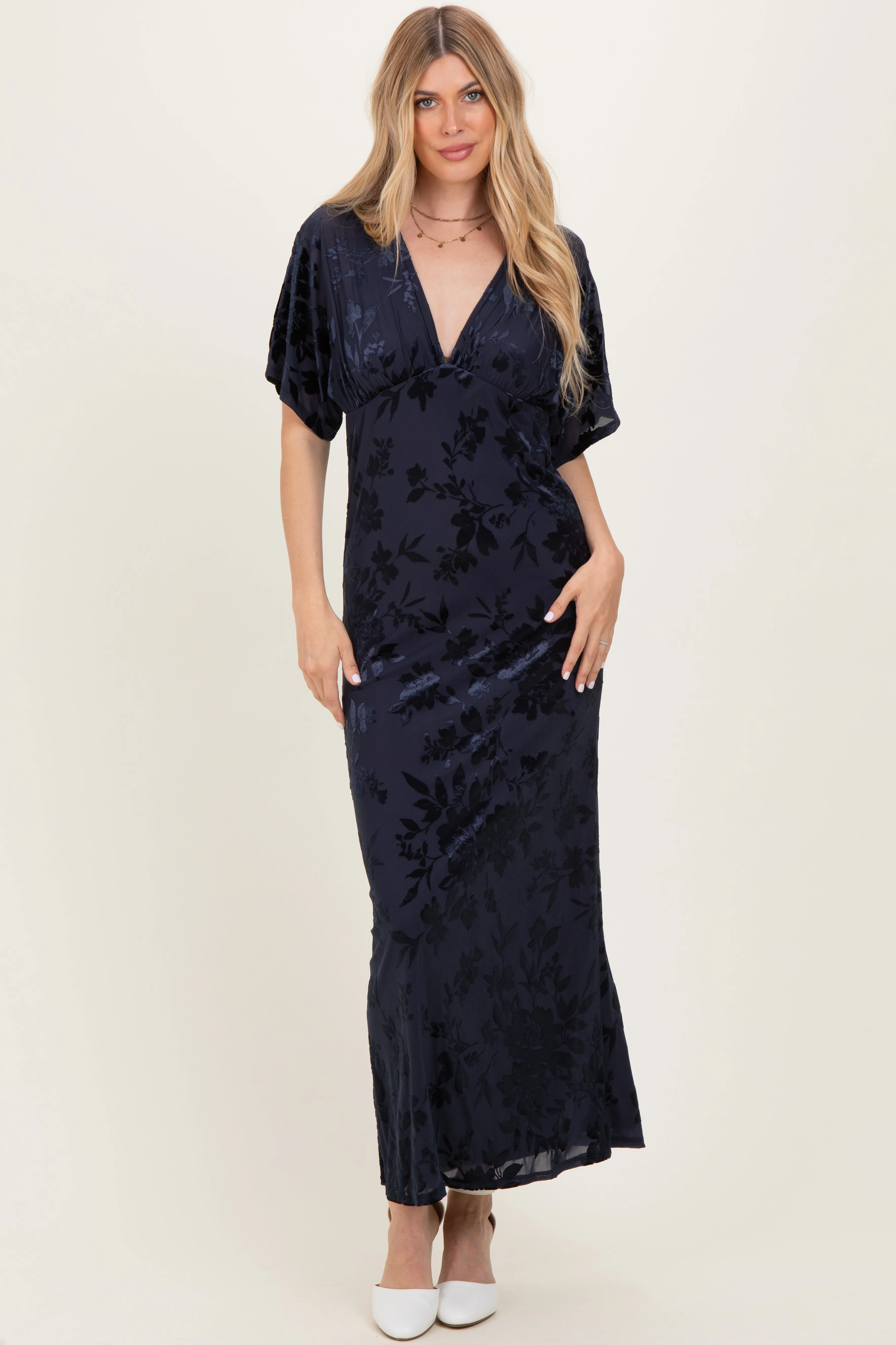 Navy Floral Velvet V-Neck Short Sleeve Maxi Dress sold by Pinkblush product image thumbnail 2