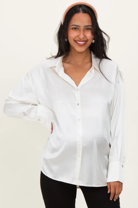 Champagne Ivory Satin Button Up Maternity Blouse sold by Pinkblush