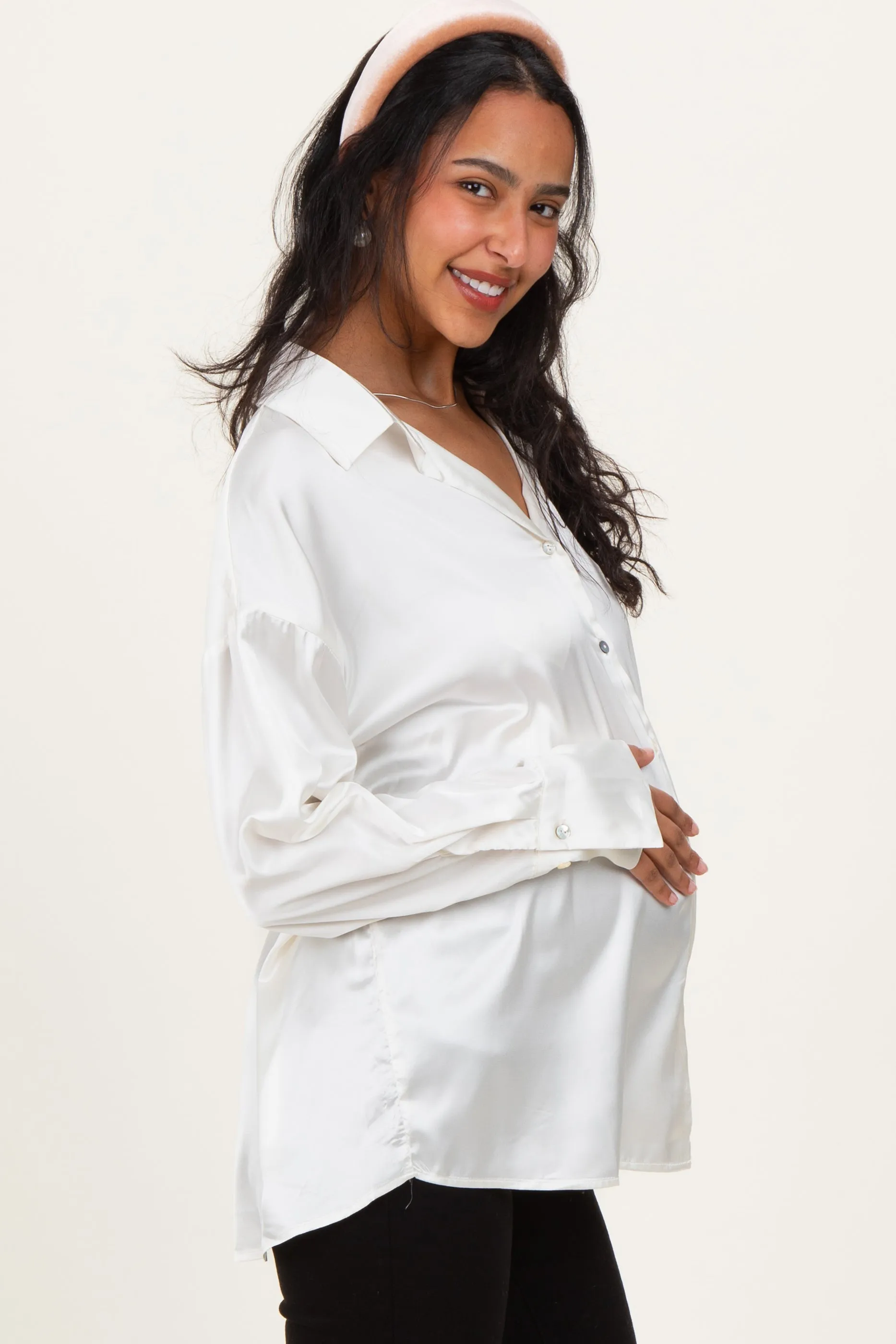 Champagne Ivory Satin Button Up Maternity Blouse sold by Pinkblush product image thumbnail 2