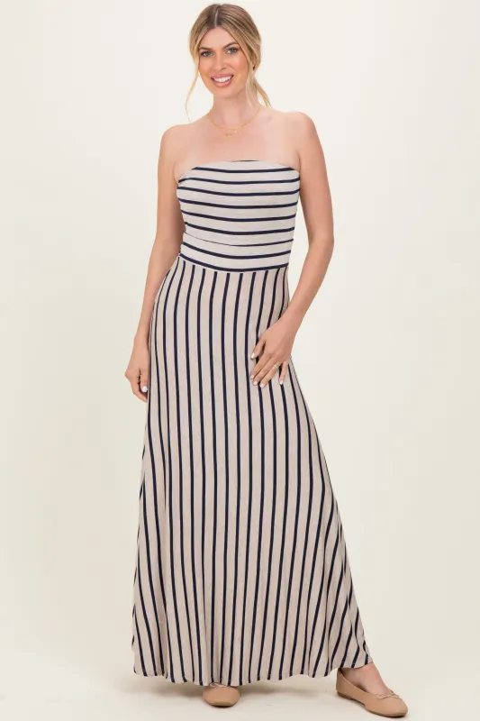 Oatmeal Striped Strapless Maxi Dress sold by Pinkblush