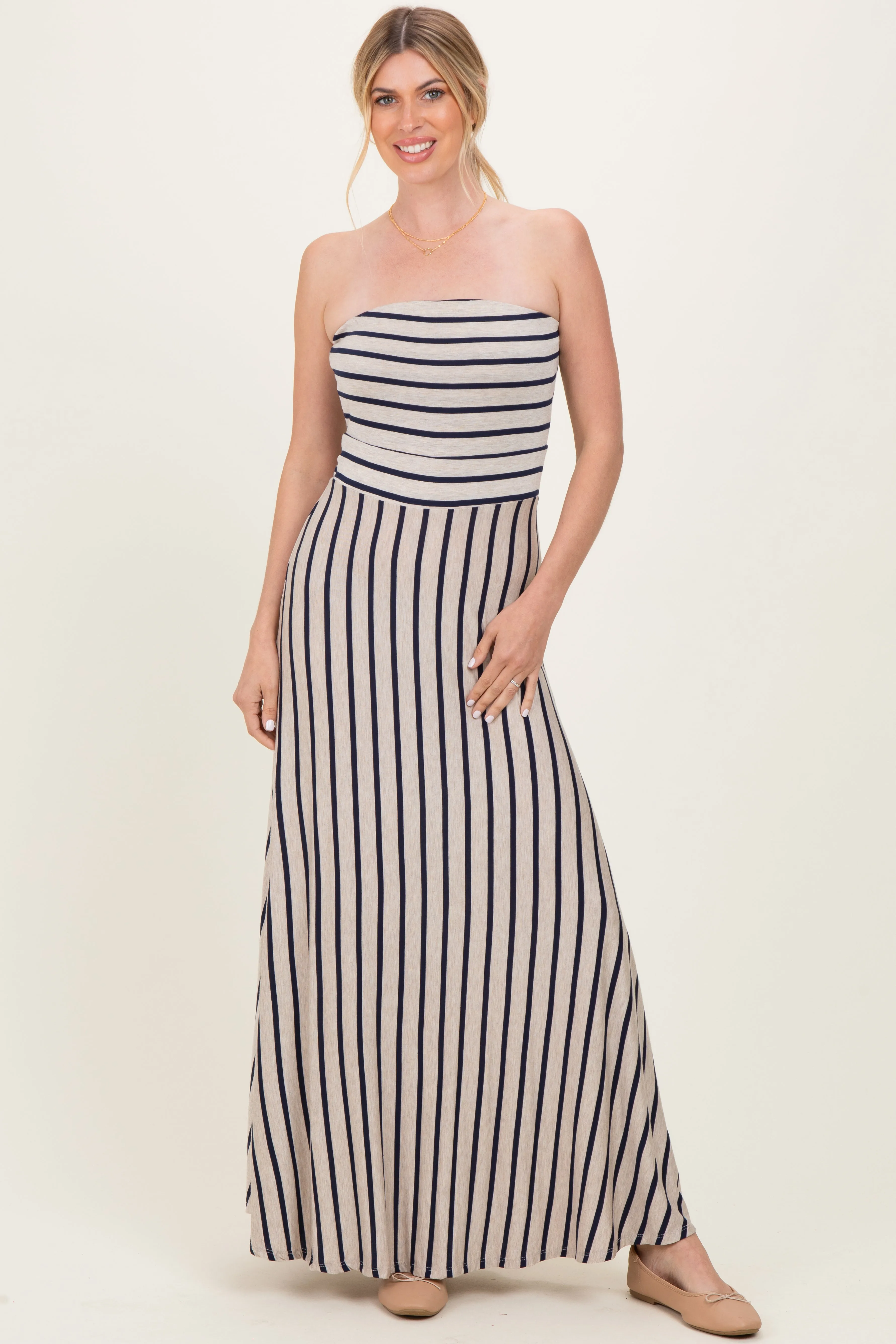 Oatmeal Striped Strapless Maxi Dress sold by Pinkblush