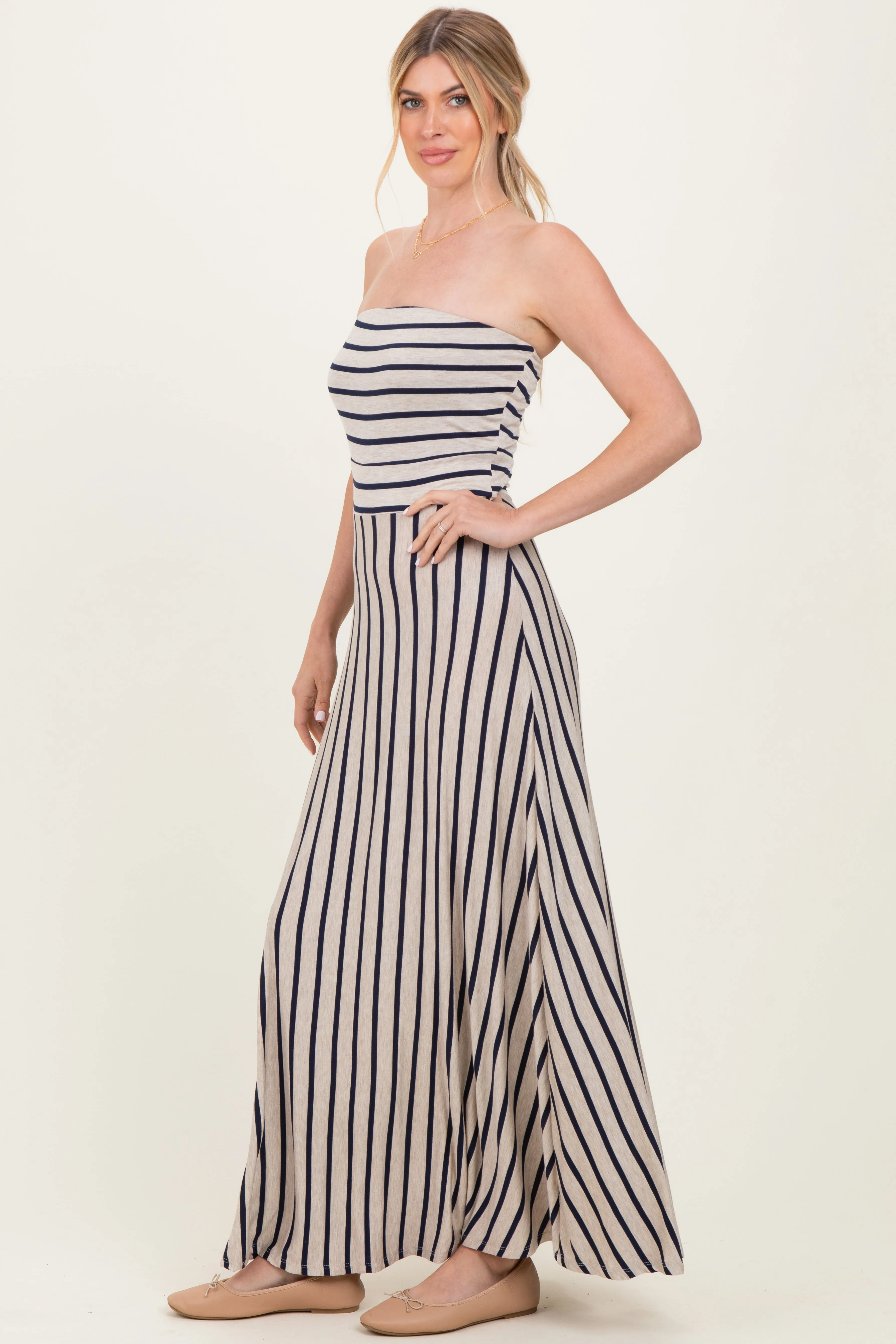 Oatmeal Striped Strapless Maxi Dress sold by Pinkblush product image thumbnail 3