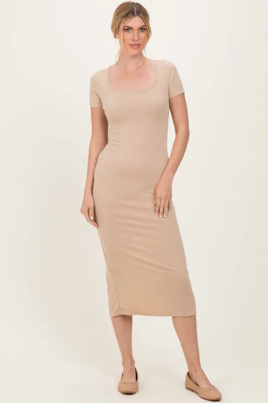 Light Taupe Ribbed Fitted Midi Dress sold by Pinkblush