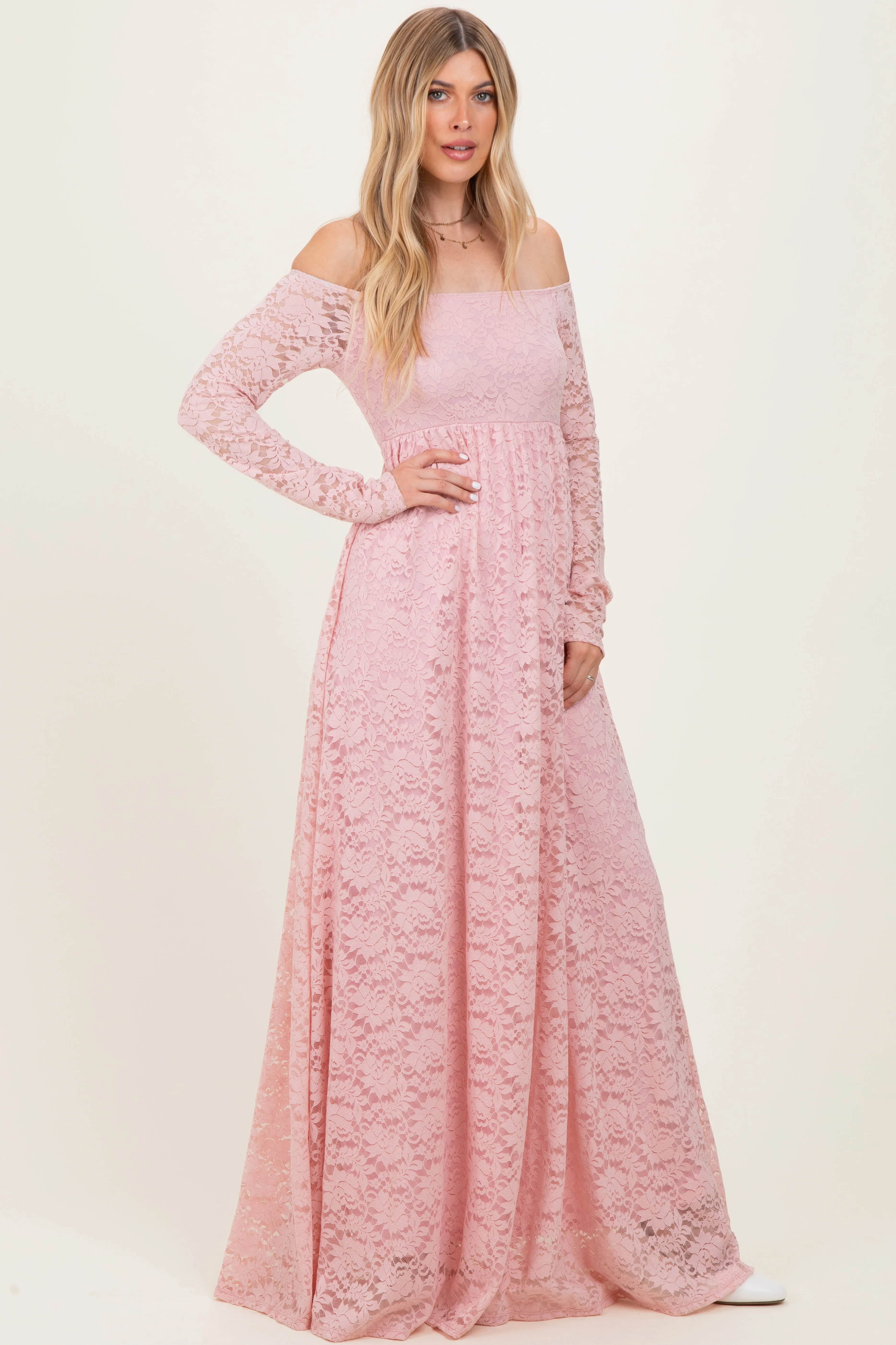 Light Pink Floral Lace Long Sleeve Off Shoulder Maxi Dress sold by Pinkblush product image thumbnail 3