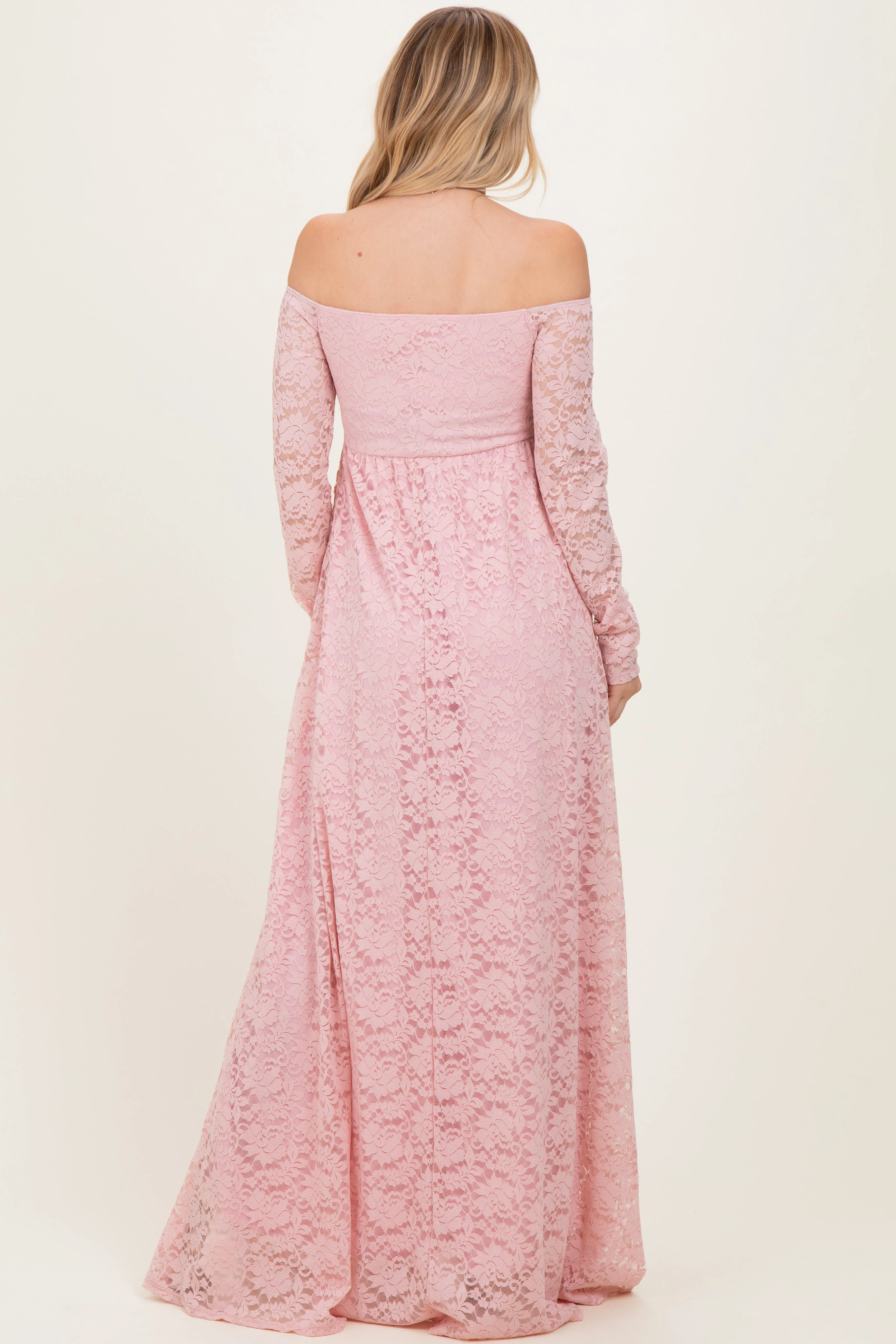 Light Pink Floral Lace Long Sleeve Off Shoulder Maxi Dress sold by Pinkblush product image thumbnail 4