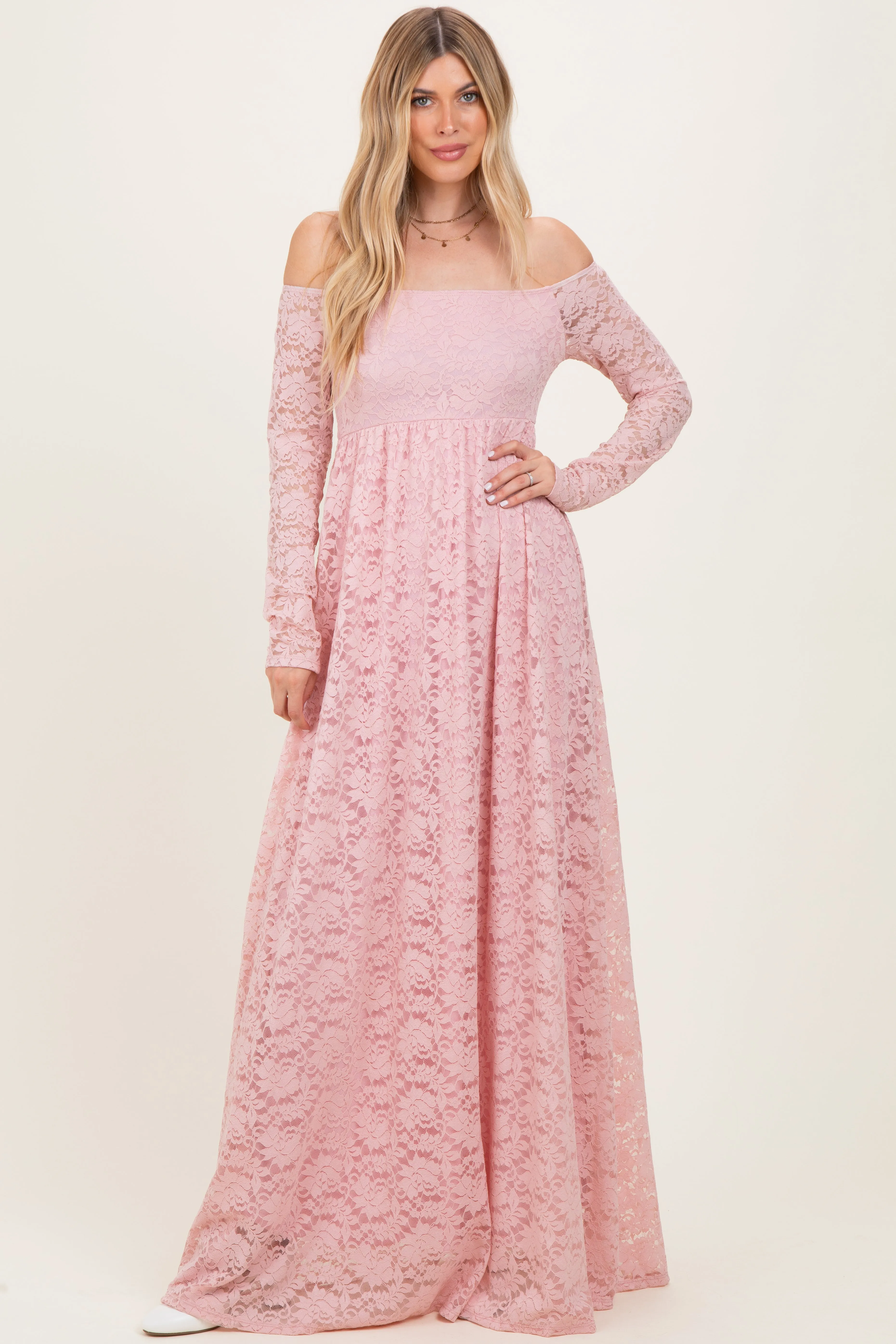 Light Pink Floral Lace Long Sleeve Off Shoulder Maxi Dress sold by Pinkblush product image thumbnail 2