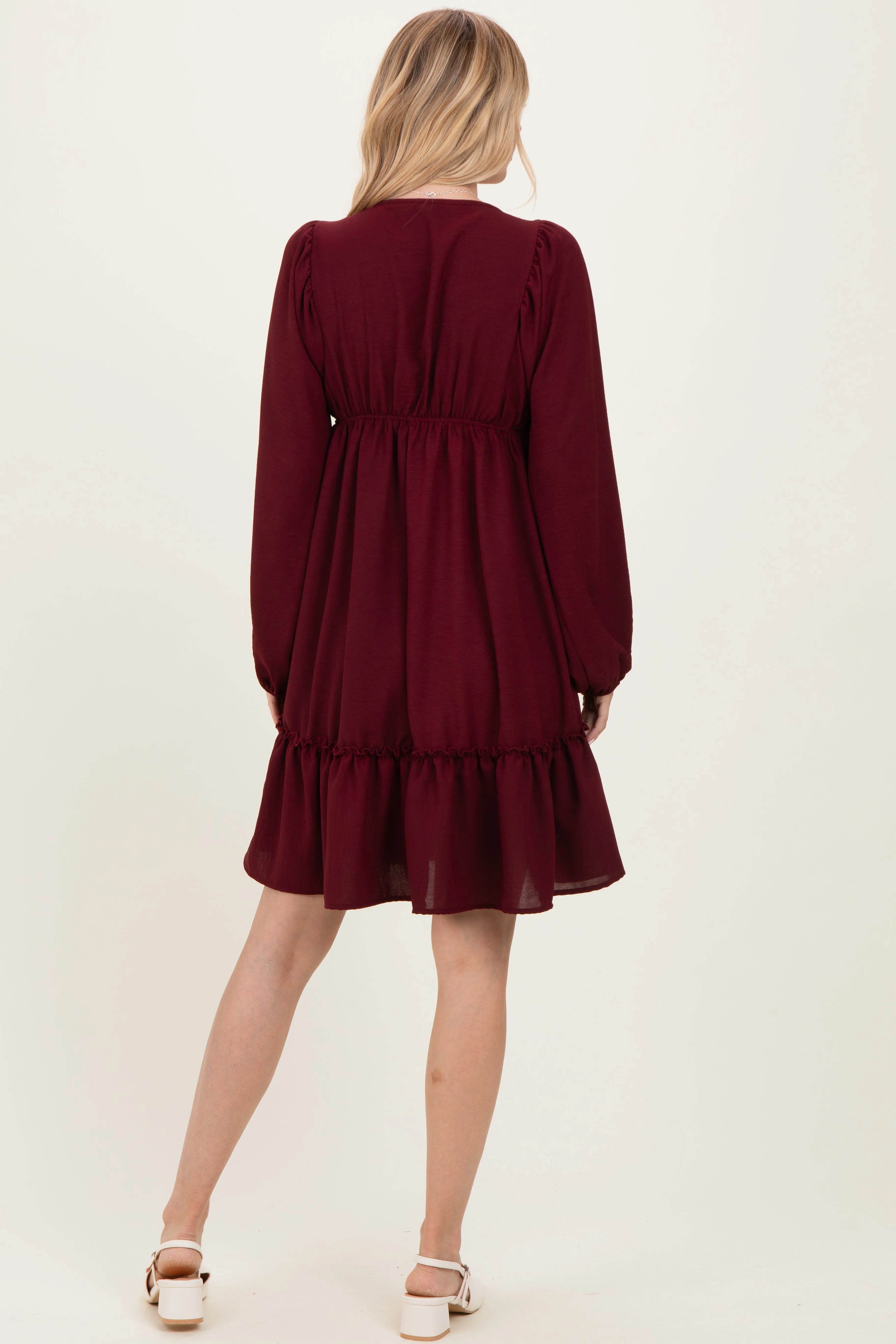 Burgundy Long Sleeve V-Neck Tiered Midi Dress sold by Pinkblush product image thumbnail 4