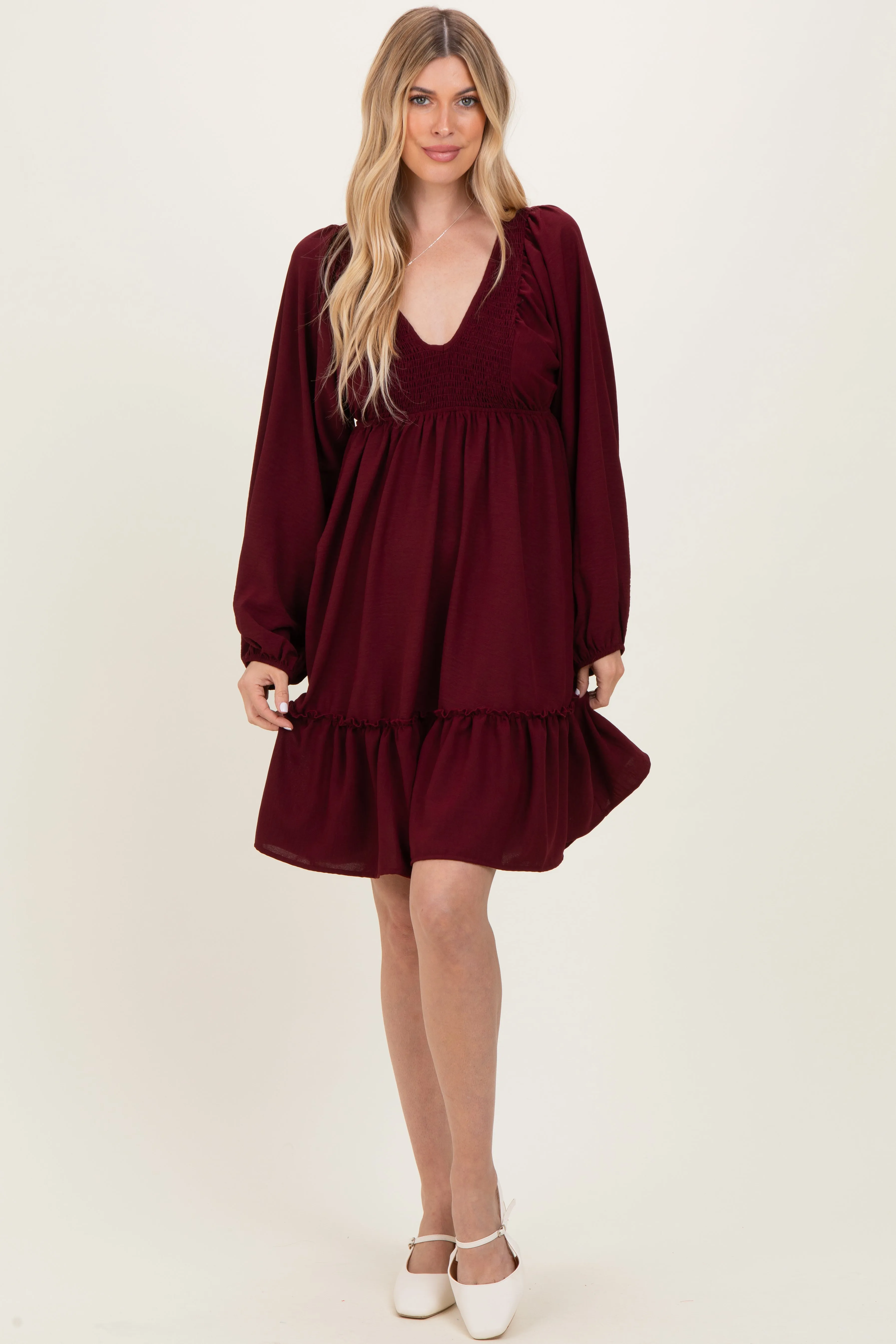 Burgundy Long Sleeve V-Neck Tiered Midi Dress sold by Pinkblush